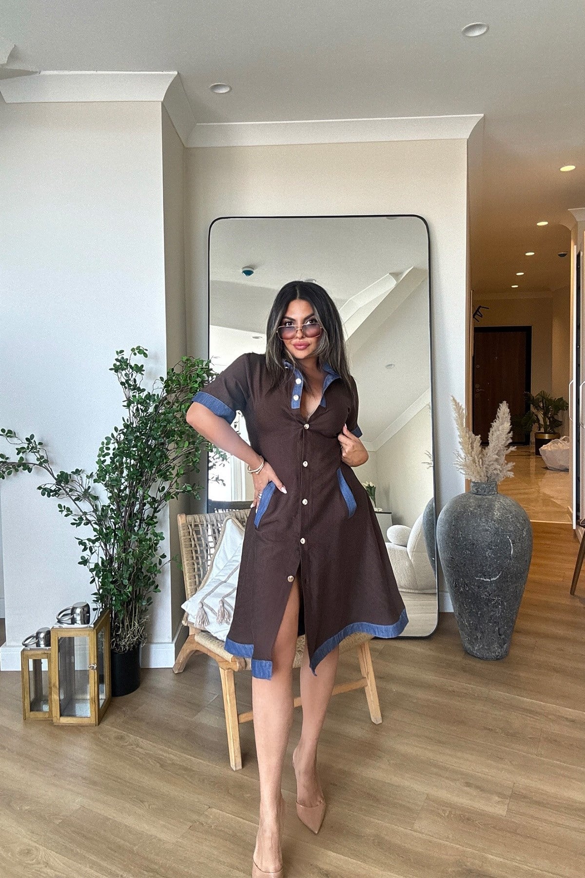 Jean Garnili Gümüş Düğmeli Elbise Kahve