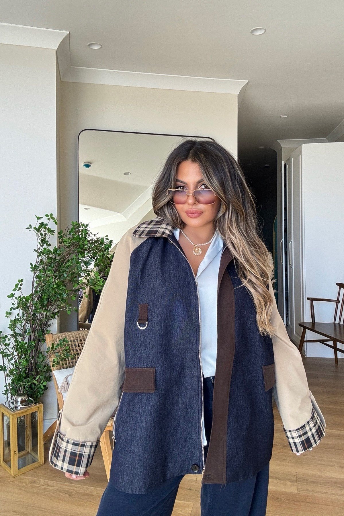 Jean Garnili Kareli Yaka Trenhcoat lacivert bej