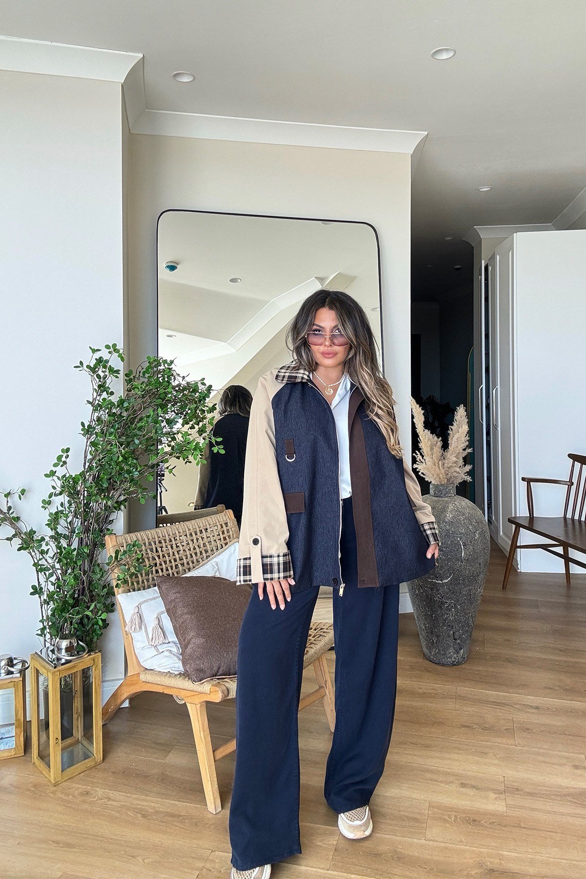 Jean Garnili Kareli Yaka Trenhcoat lacivert bej