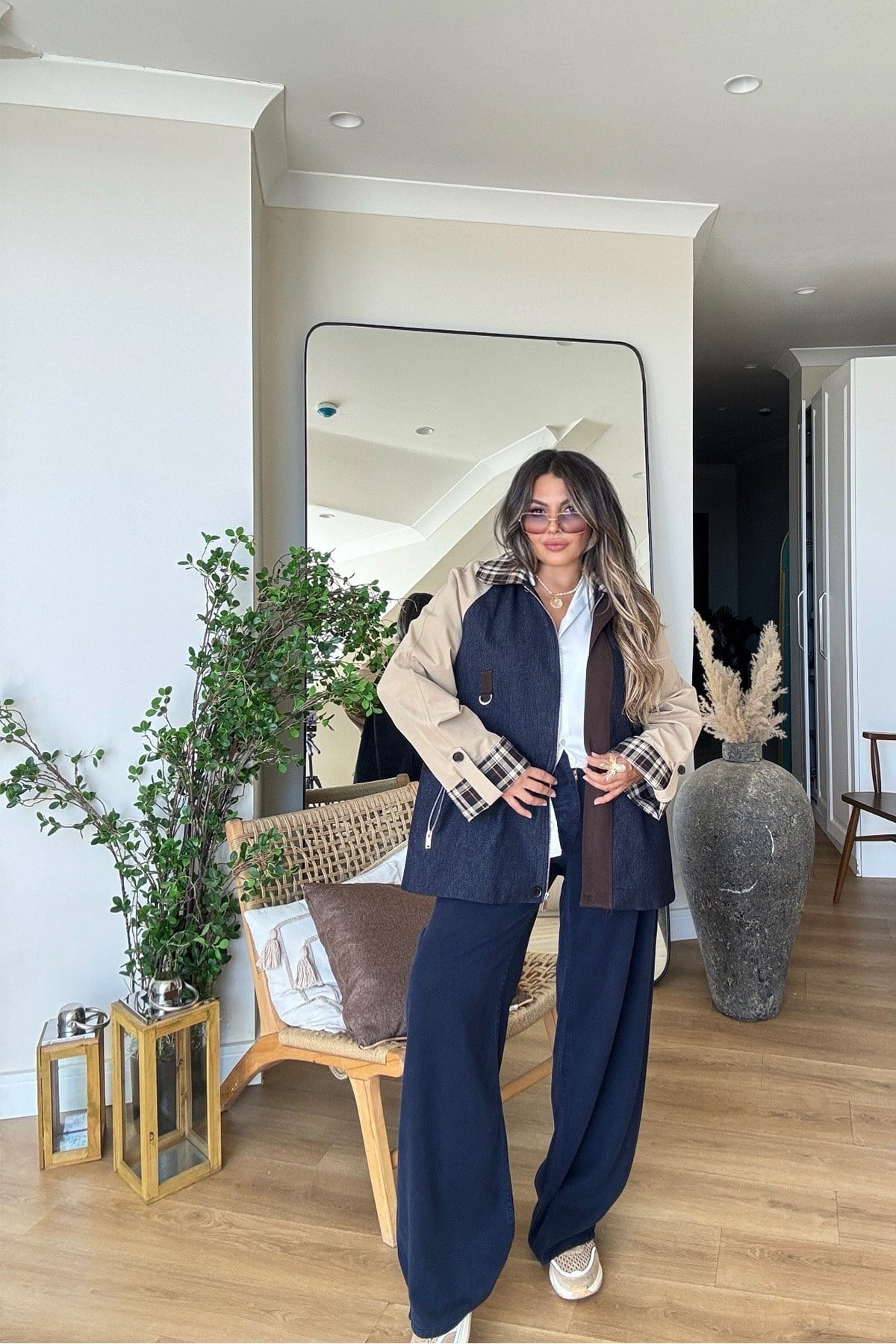 Jean Garnili Kareli Yaka Trenhcoat lacivert bej