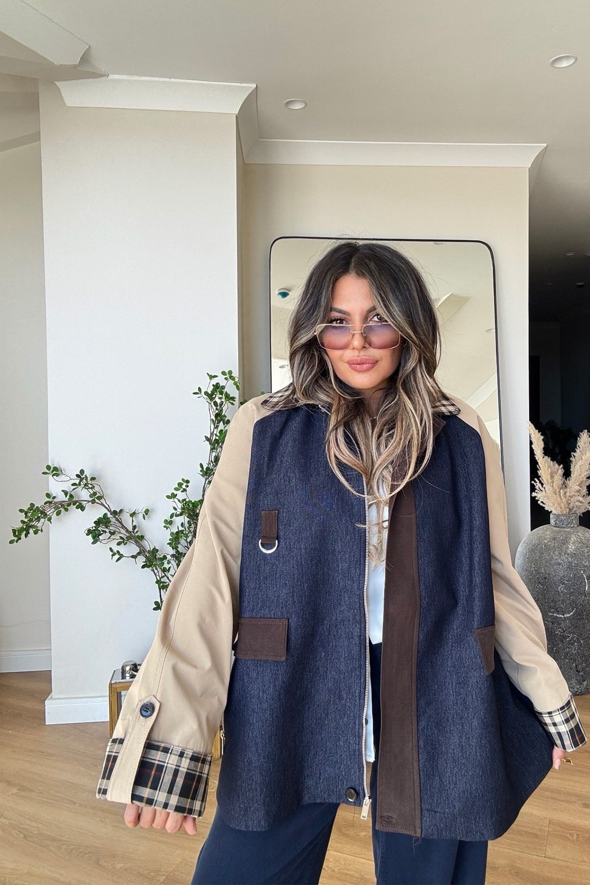 Jean Garnili Kareli Yaka Trenhcoat lacivert bej