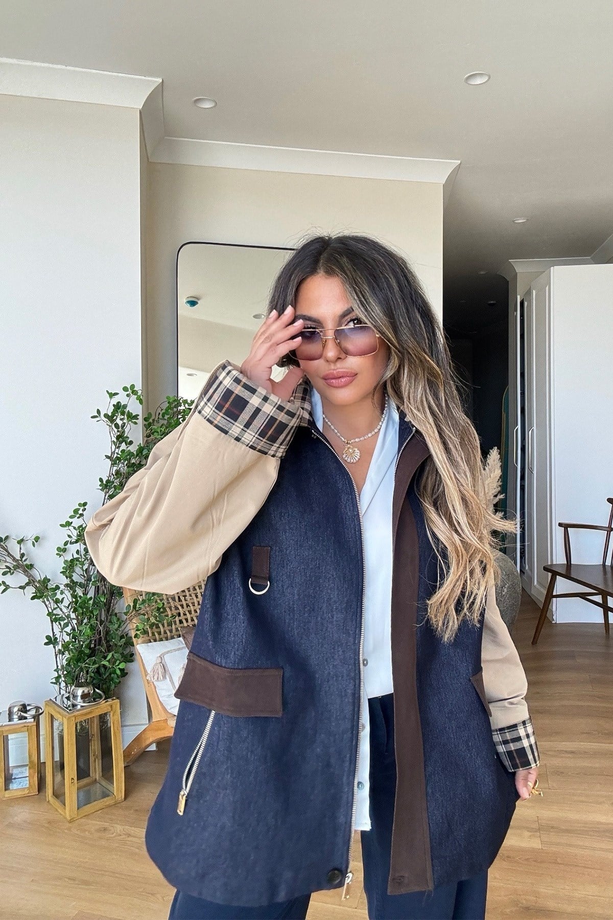Jean Garnili Kareli Yaka Trenhcoat lacivert bej