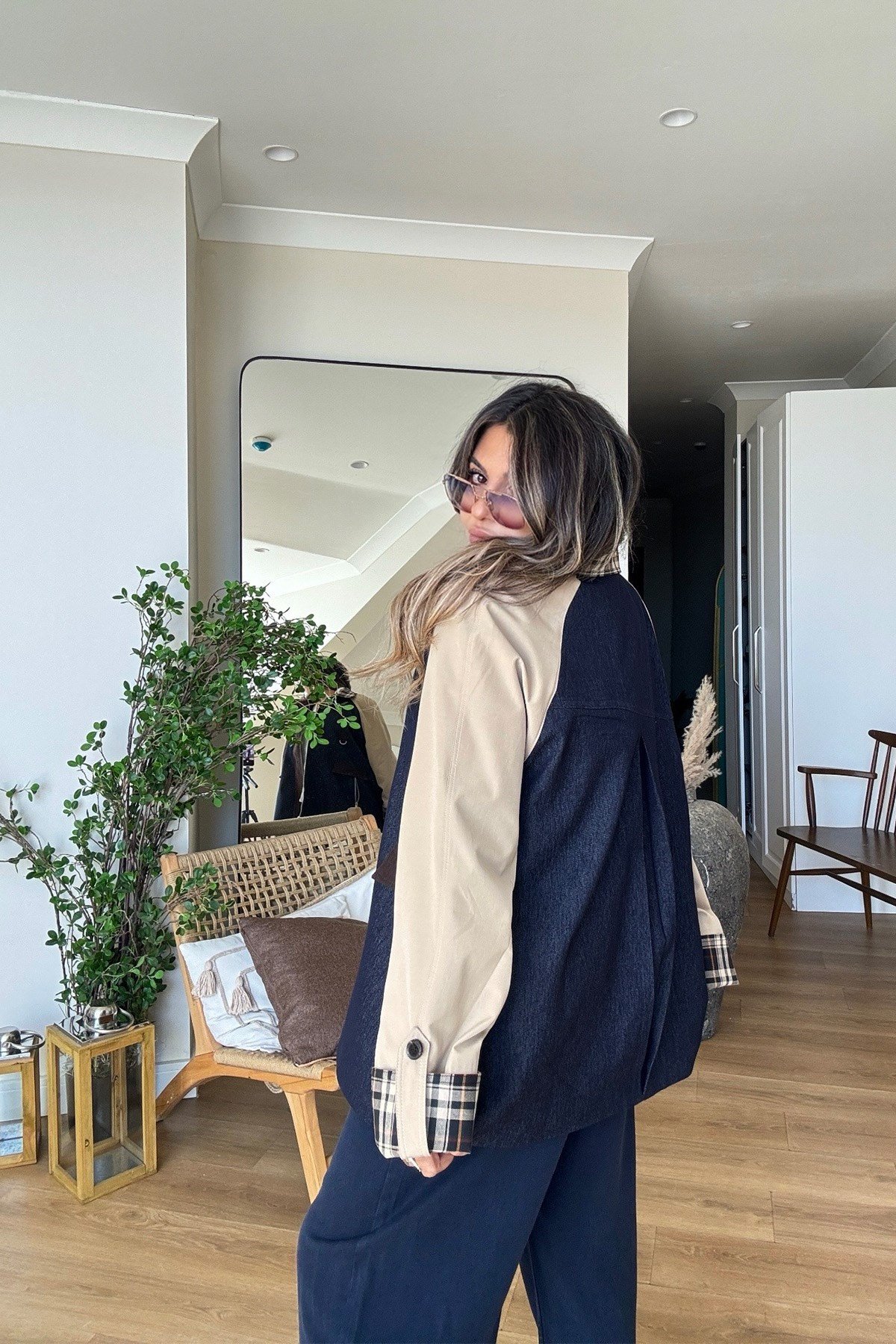 Jean Garnili Kareli Yaka Trenhcoat lacivert bej
