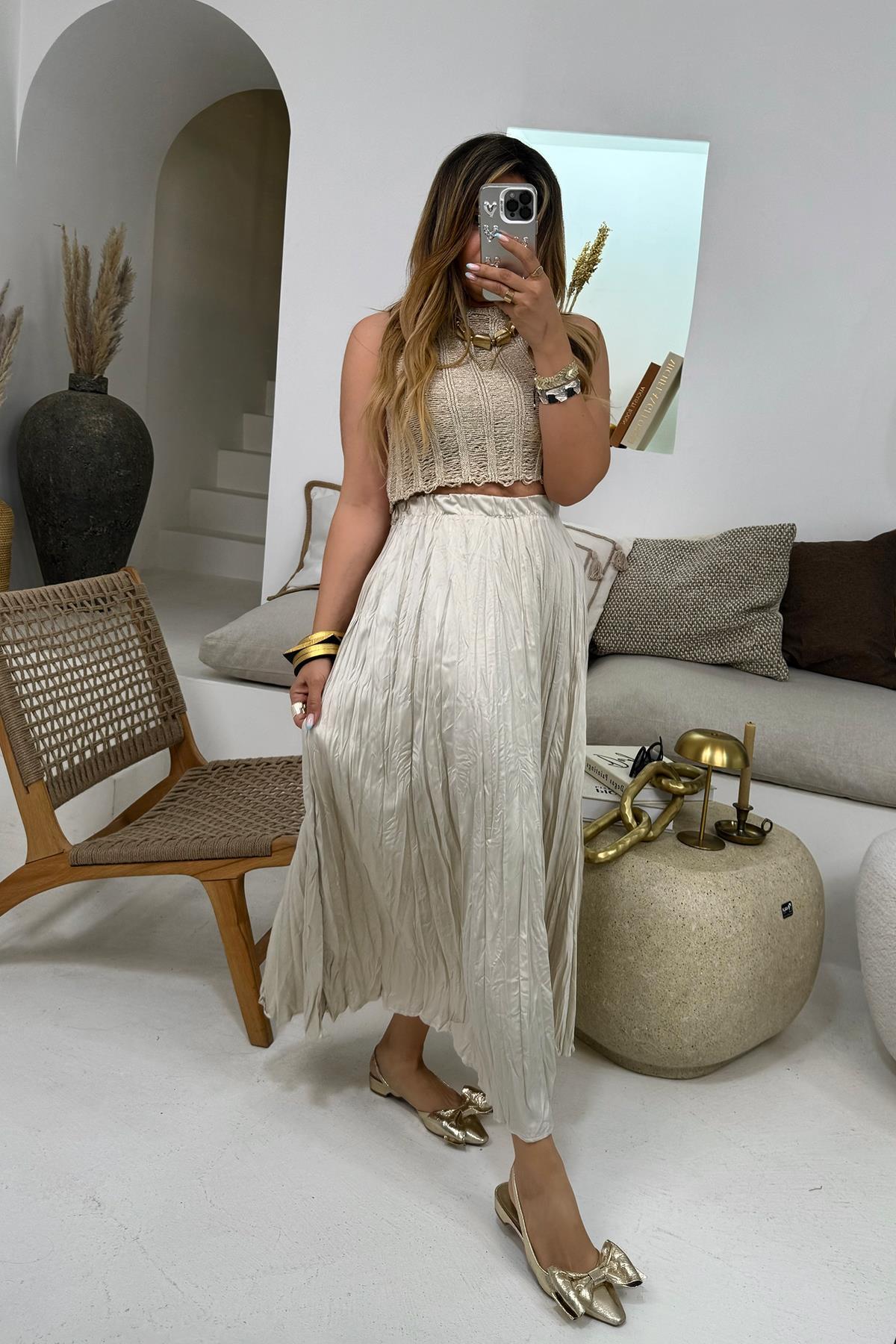 Kaçık Örme Gold Simli Crop Taş