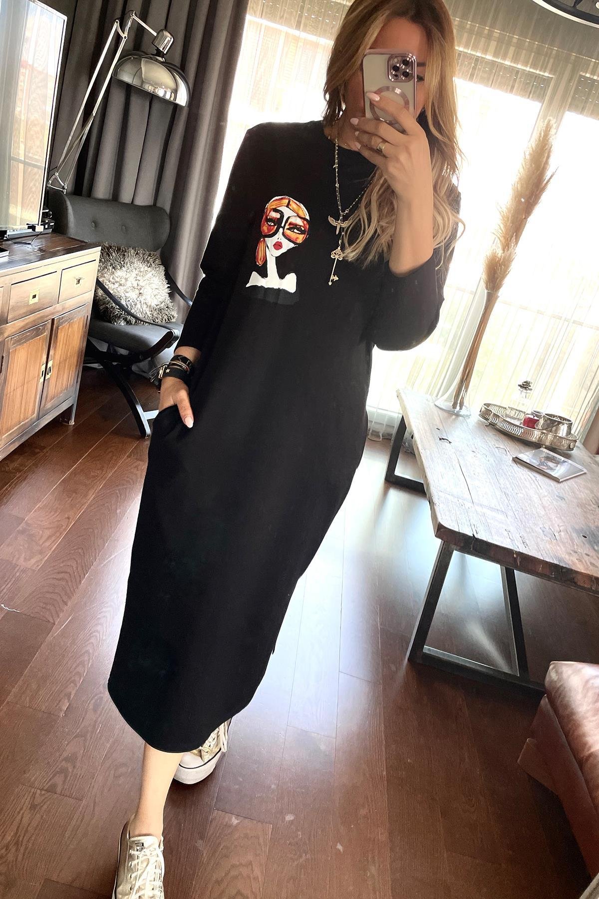 Kadın Baskılı Sweat Elbise Siyah