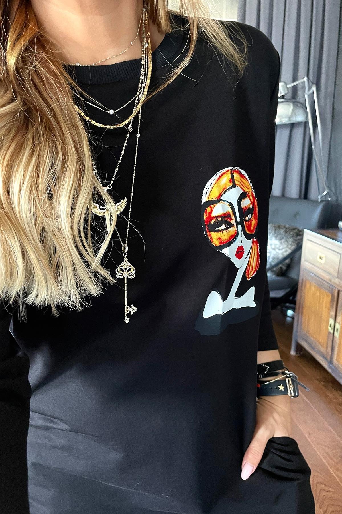 Kadın Baskılı Sweat Elbise Siyah