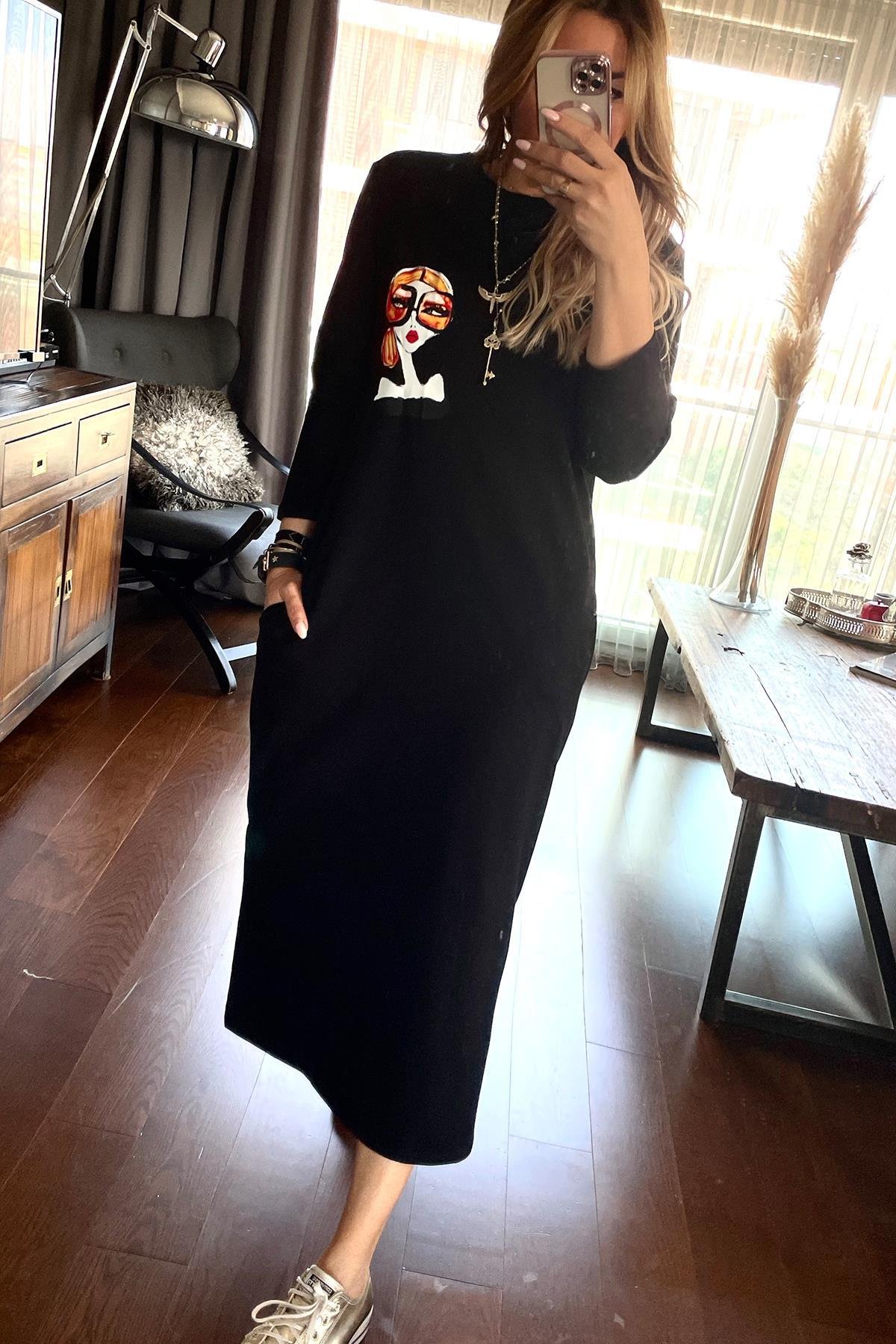 Kadın Baskılı Sweat Elbise Siyah