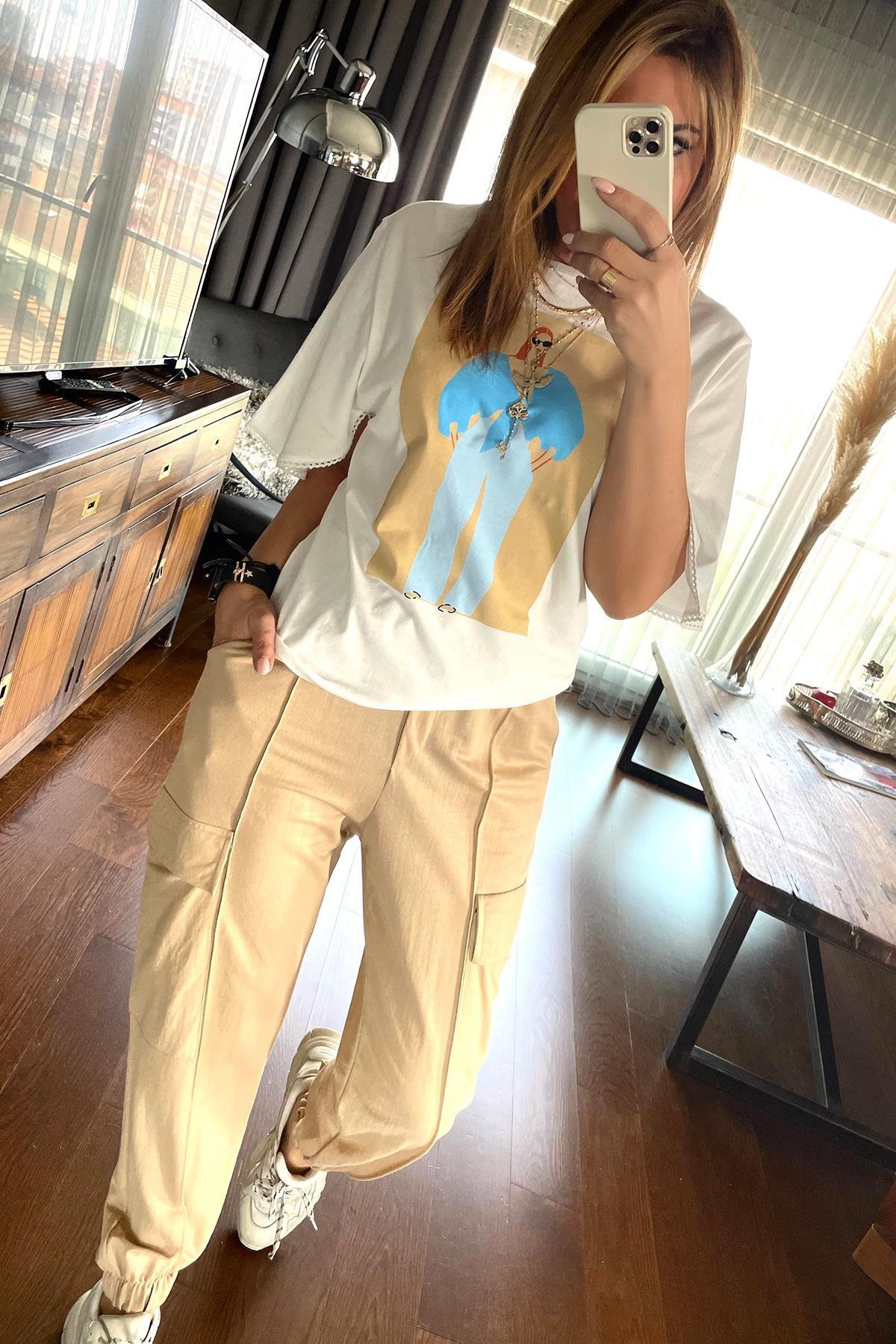 Kadın Baskılı Tshirt Ekru