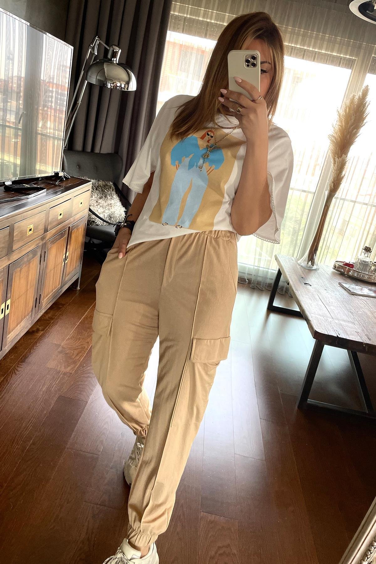 Kadın Baskılı Tshirt Ekru