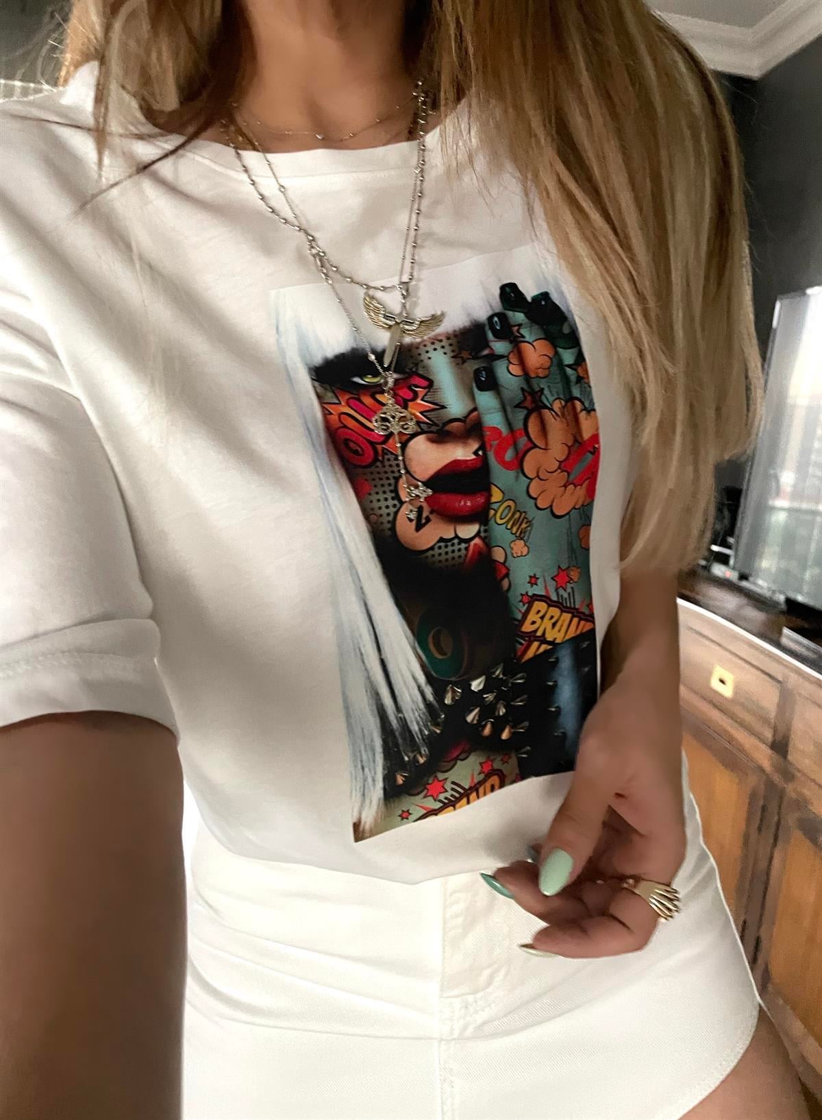 Kadın Resimli Tshirt Ekru