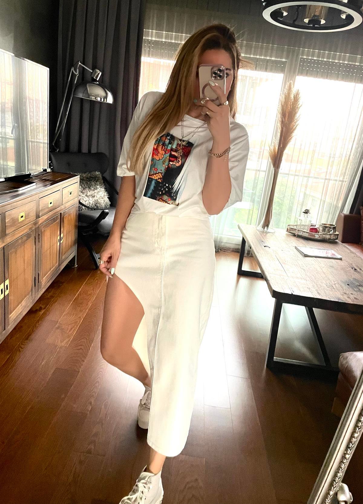 Kadın Resimli Tshirt Ekru