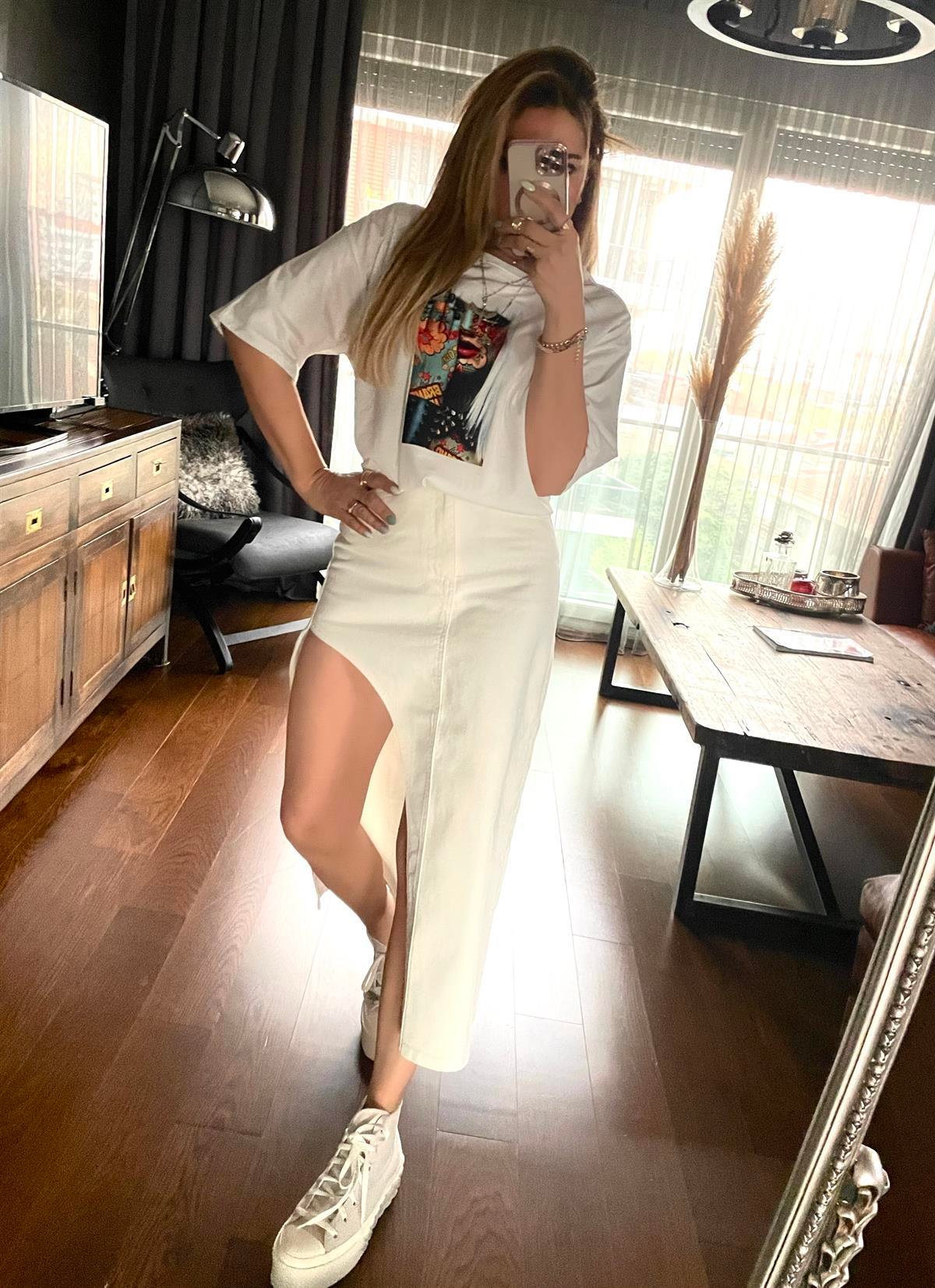 Kadın Resimli Tshirt Ekru