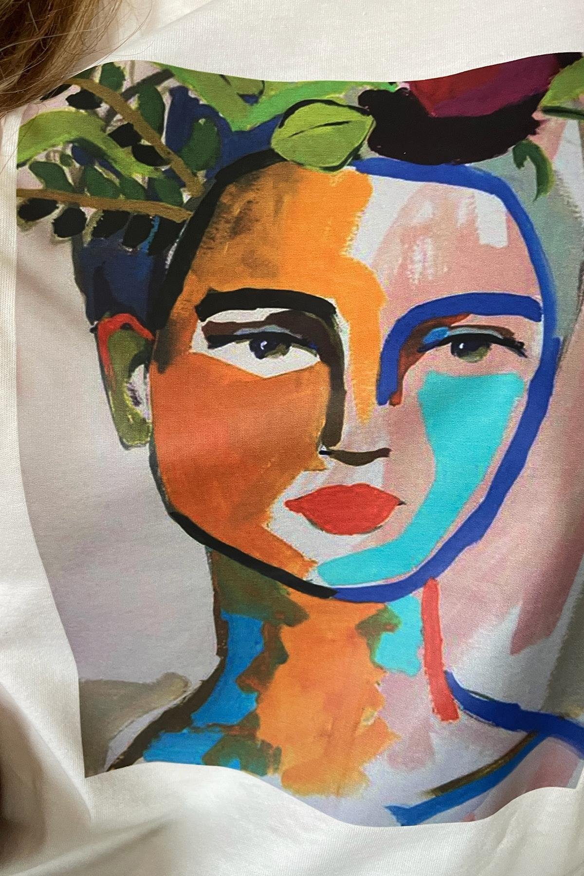 Kadın Tablo Baskılı Tshirt Ekru