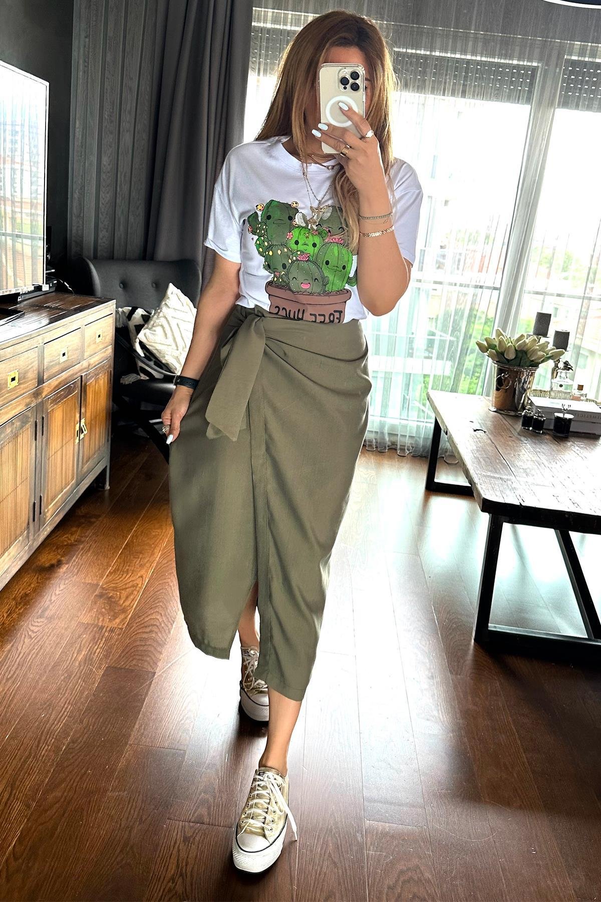 Kaktüs Desen Tshirt Beyaz