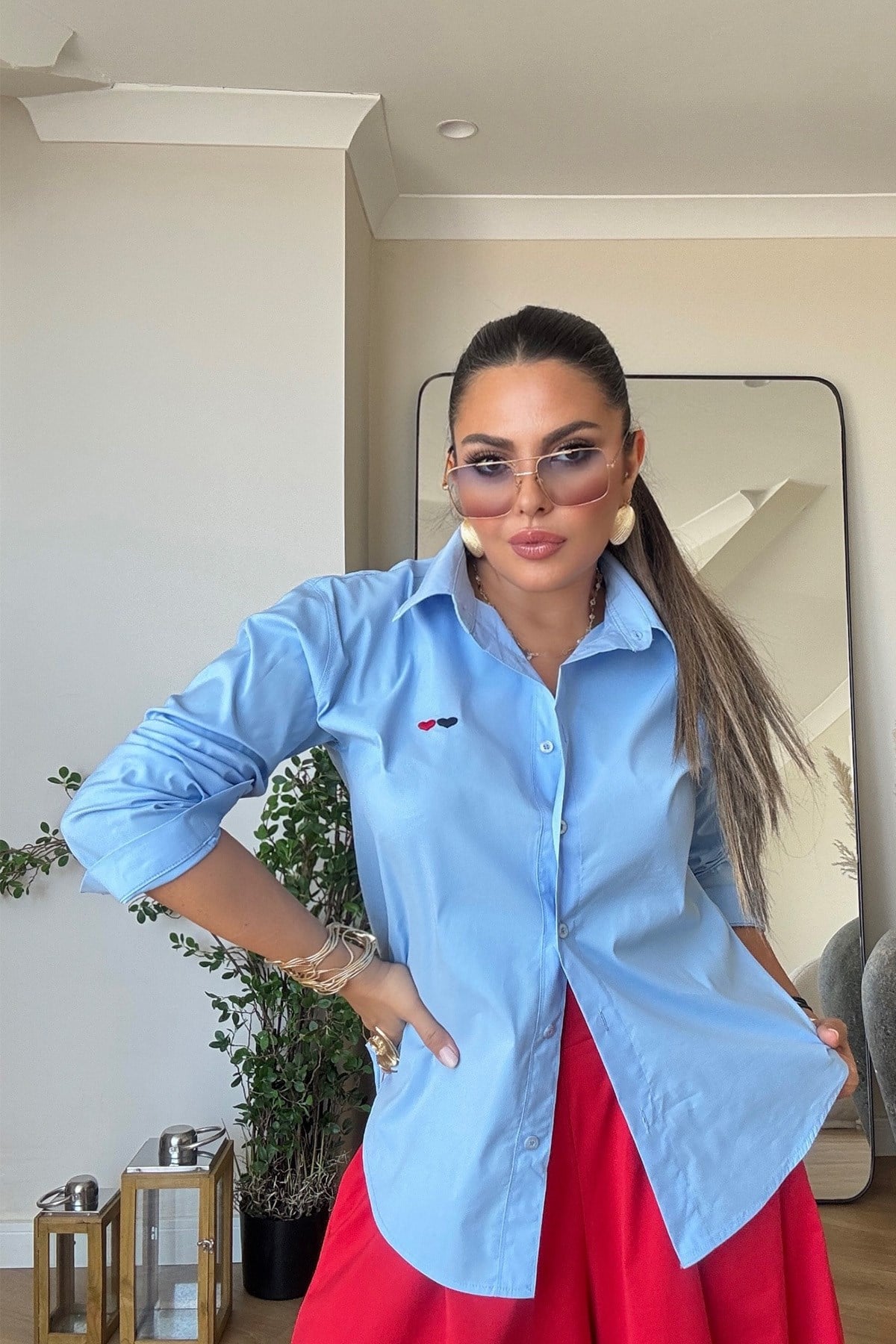Kalp İşlemeli Poplin Gömlek Mavi