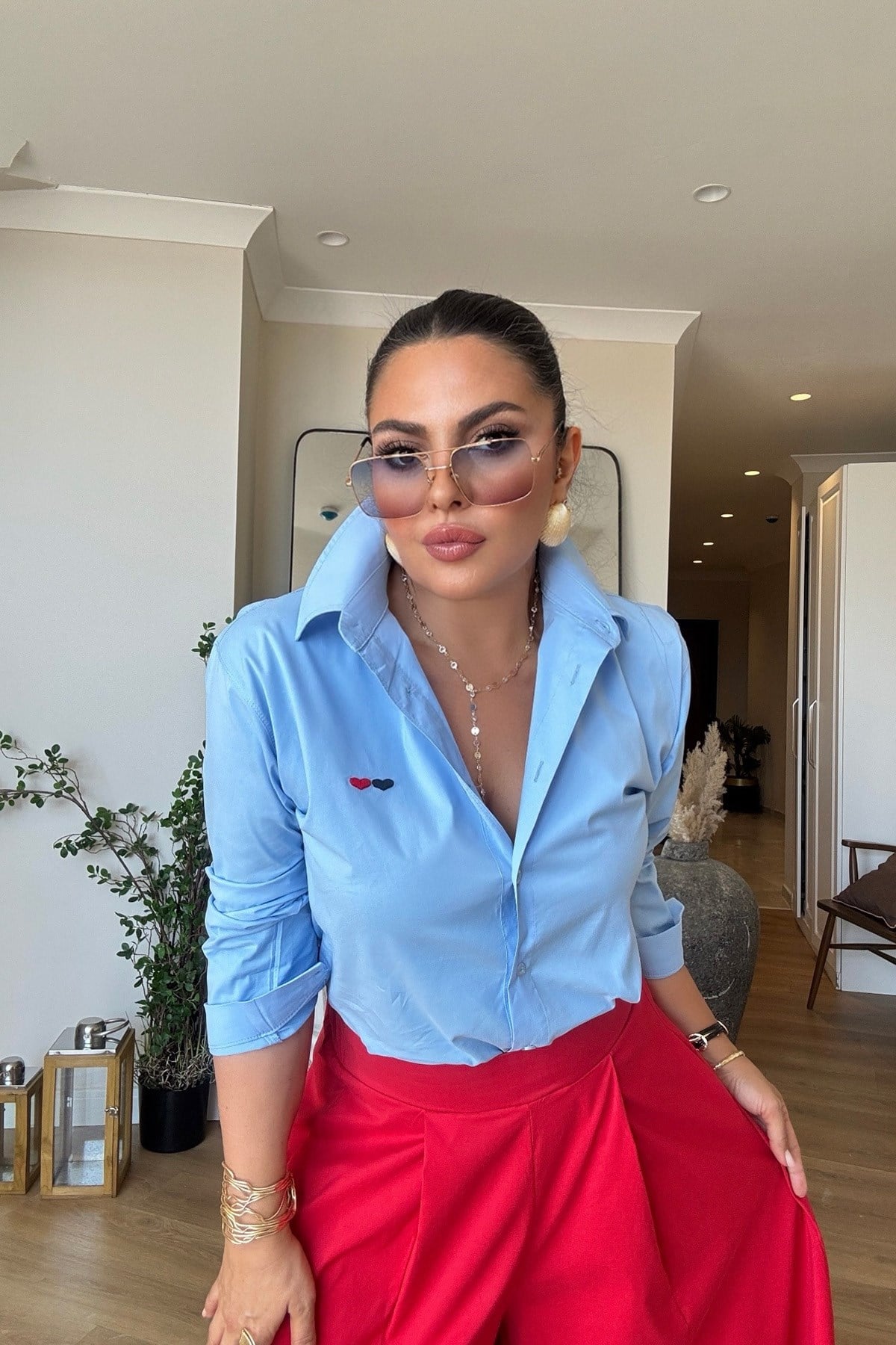 Kalp İşlemeli Poplin Gömlek Mavi