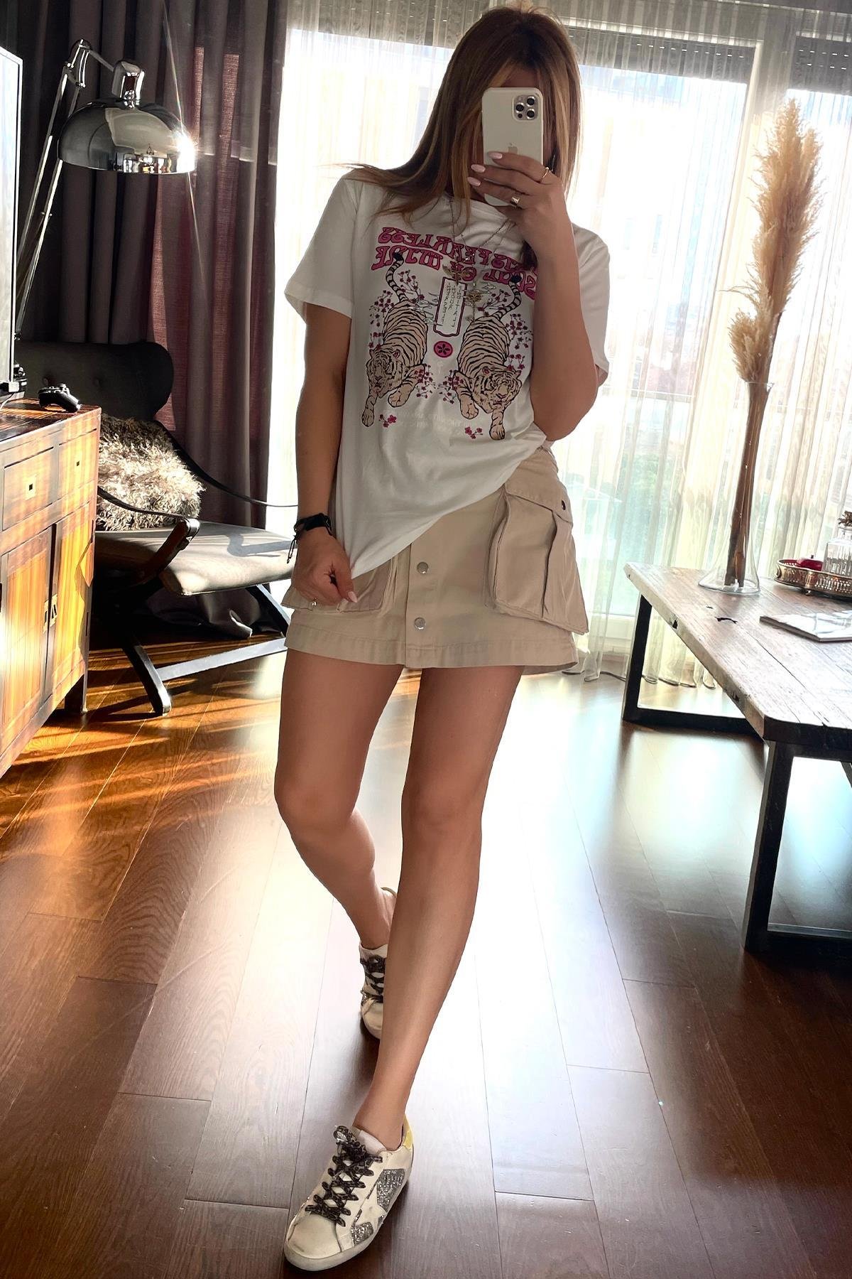 Kaplan Baskılı Tshirt Ekru