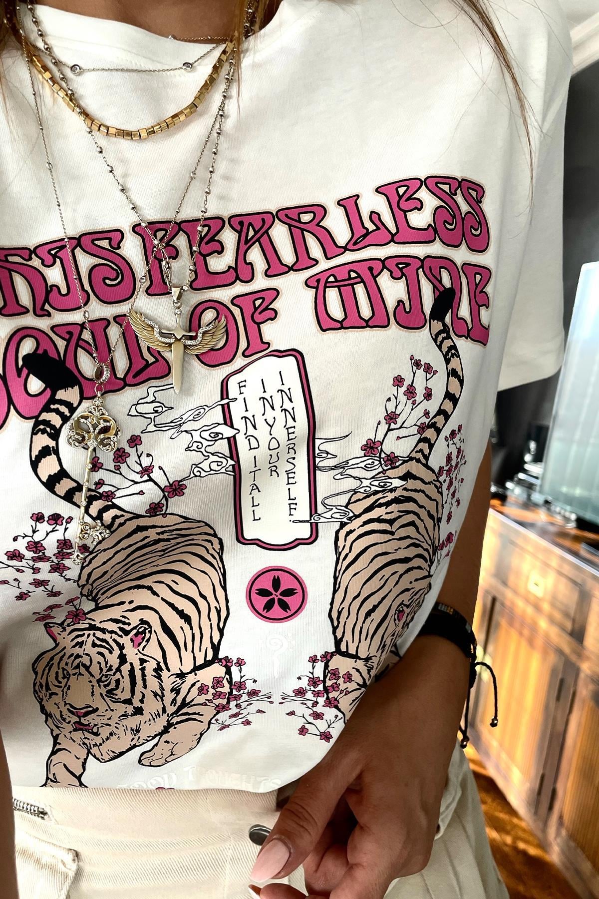 Kaplan Baskılı Tshirt Ekru