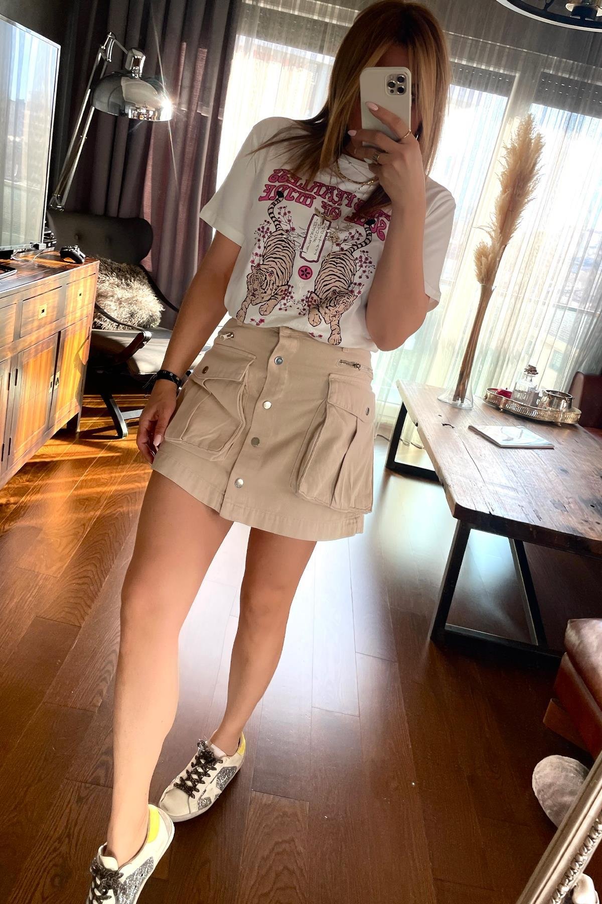 Kaplan Baskılı Tshirt Ekru