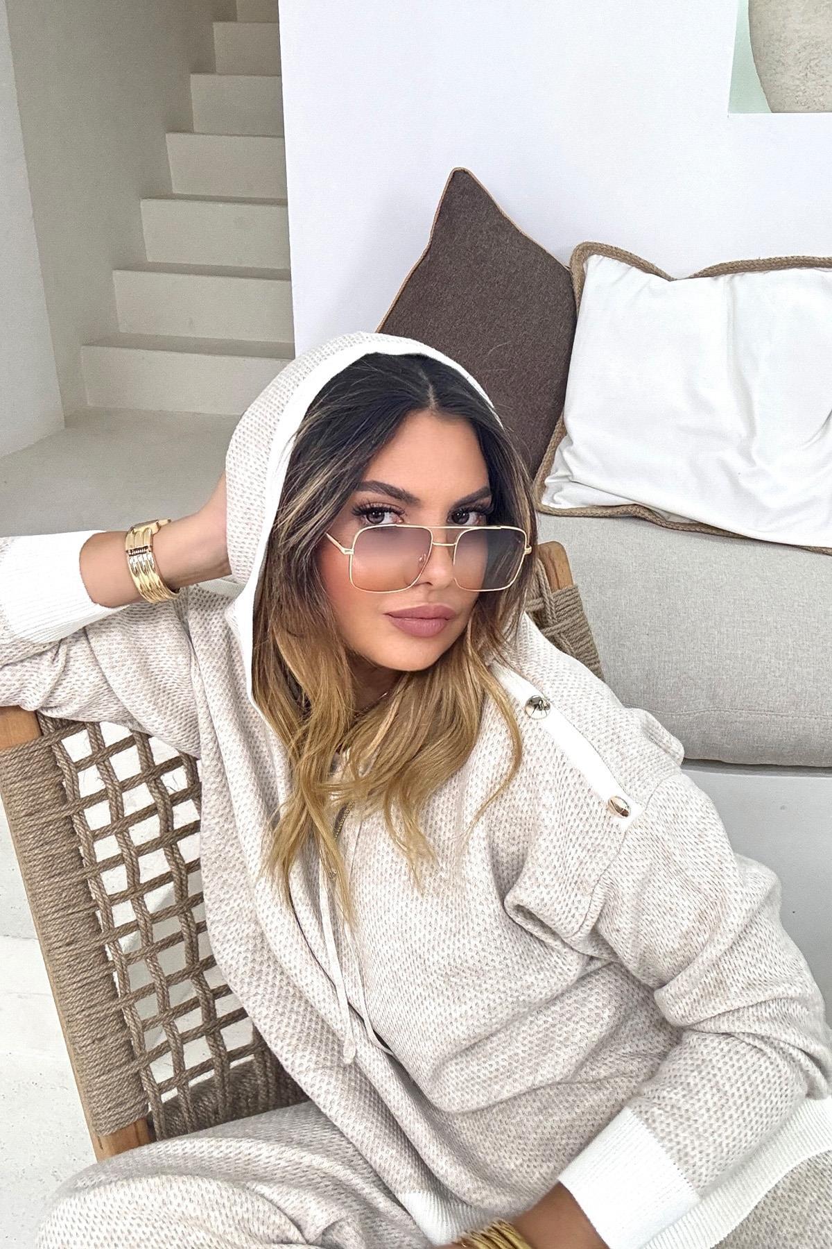 Kapüşonlu Düğme Detay Triko Takım Bej