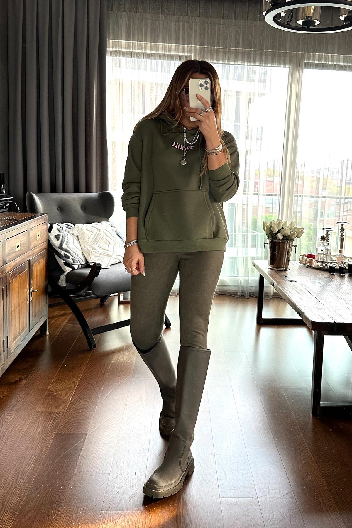 Kapüşonlu Thrill Sweatshirt Haki