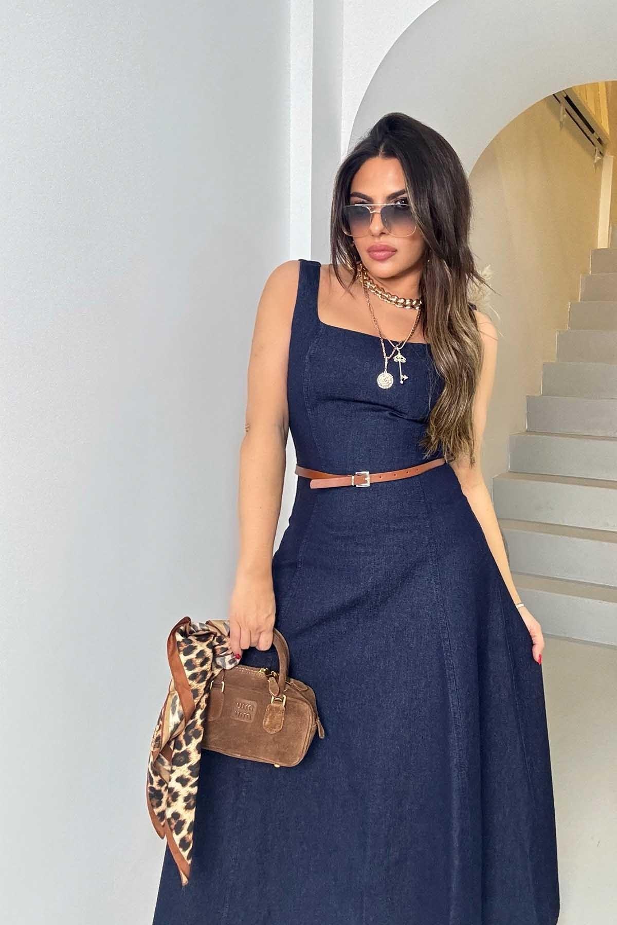 Kare Yaka Askılı Kemerli Jean Elbise Lacivert