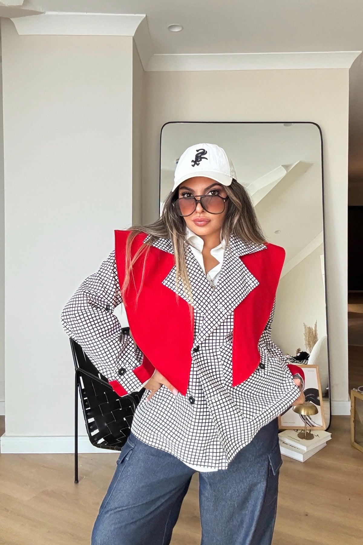 Kareli Kontrast Yaka Detay Trenchcoat Siyah-Beyaz