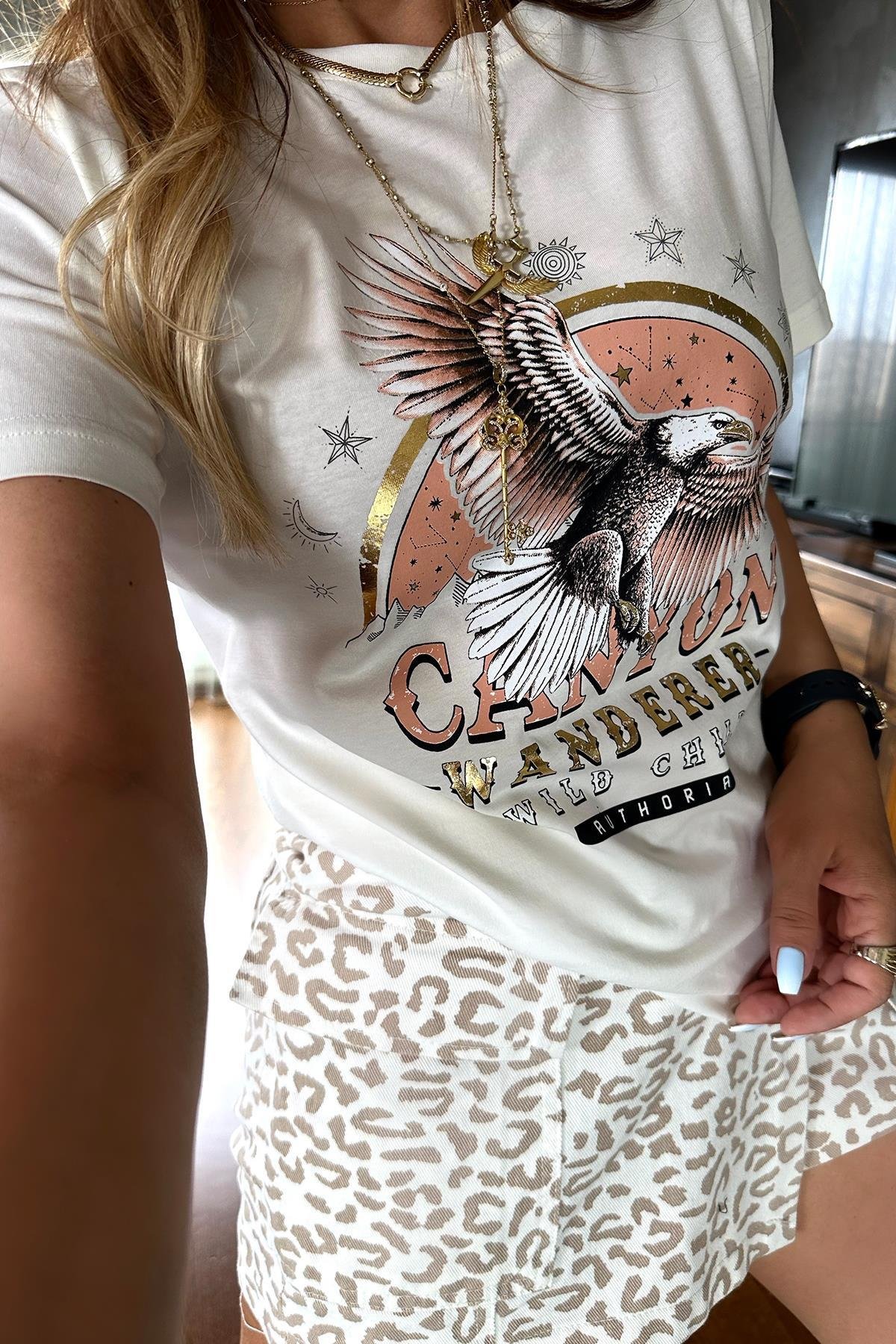 Kartal Baskılı Tshirt Ekru