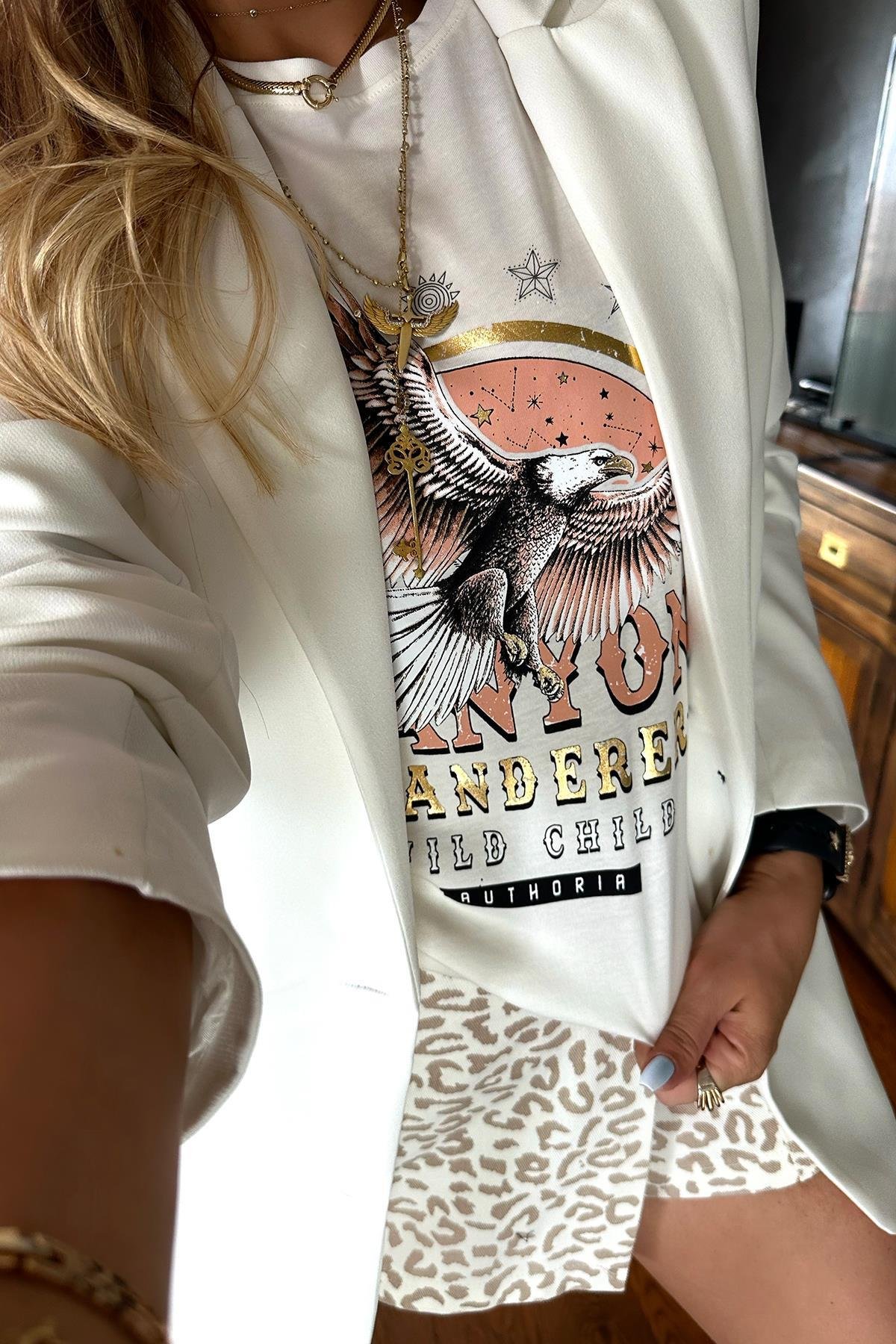Kartal Baskılı Tshirt Ekru