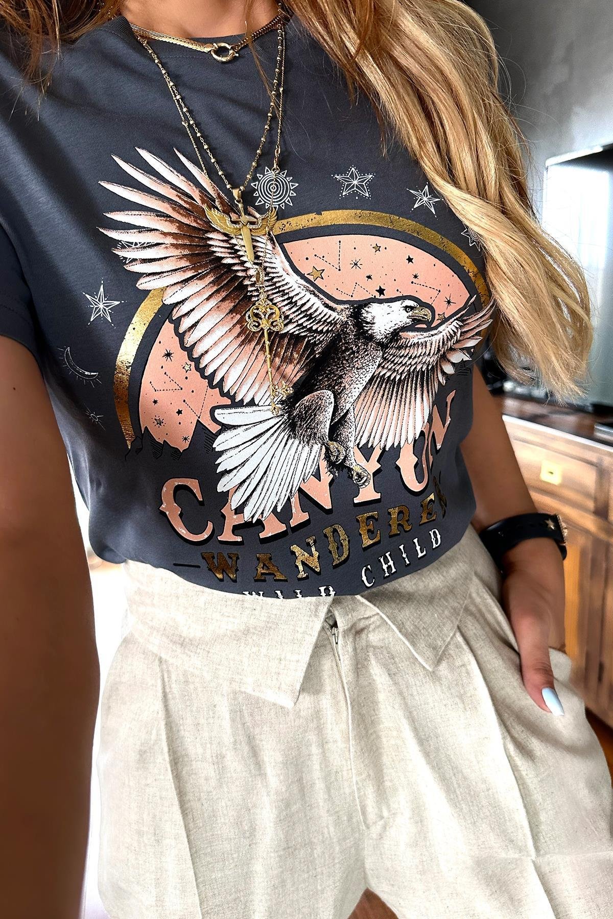 Kartal Baskılı Tshirt Gri