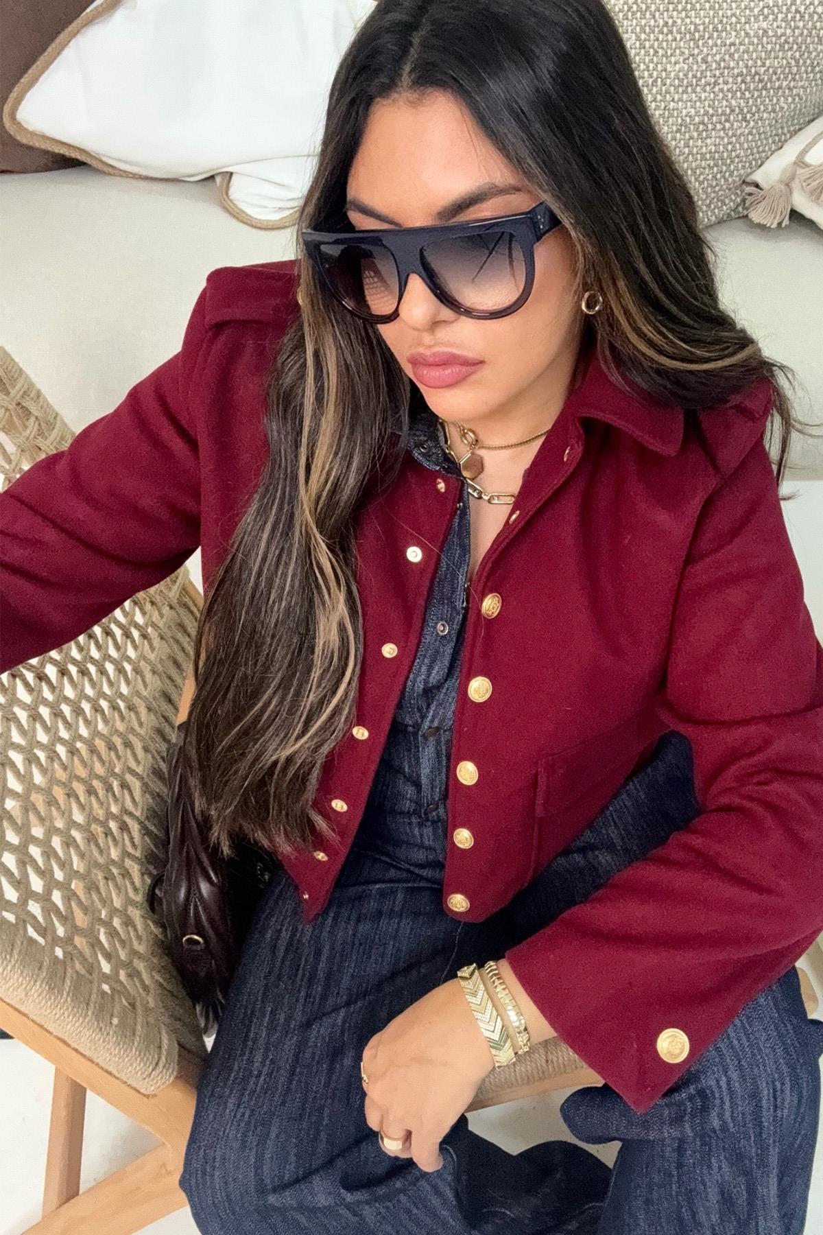 Kaşe Gold Çıtçıtlı Ceket Bordo