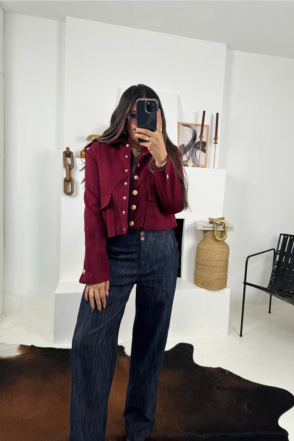 Kaşe Gold Çıtçıtlı Ceket Bordo
