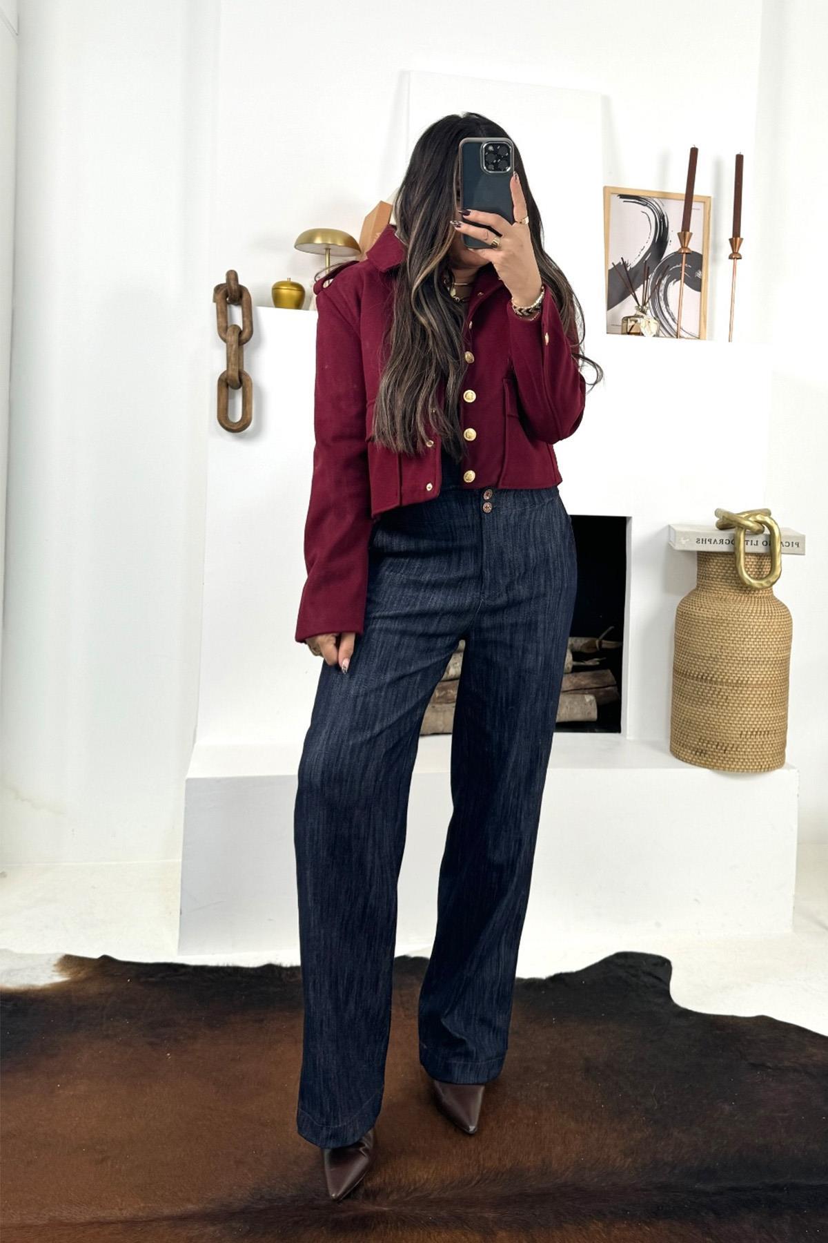Kaşe Gold Çıtçıtlı Ceket Bordo