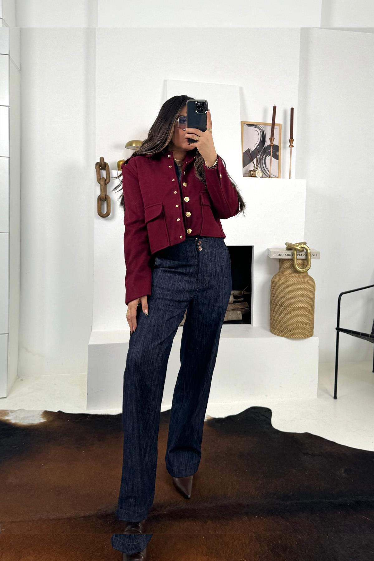 Kaşe Gold Çıtçıtlı Ceket Bordo