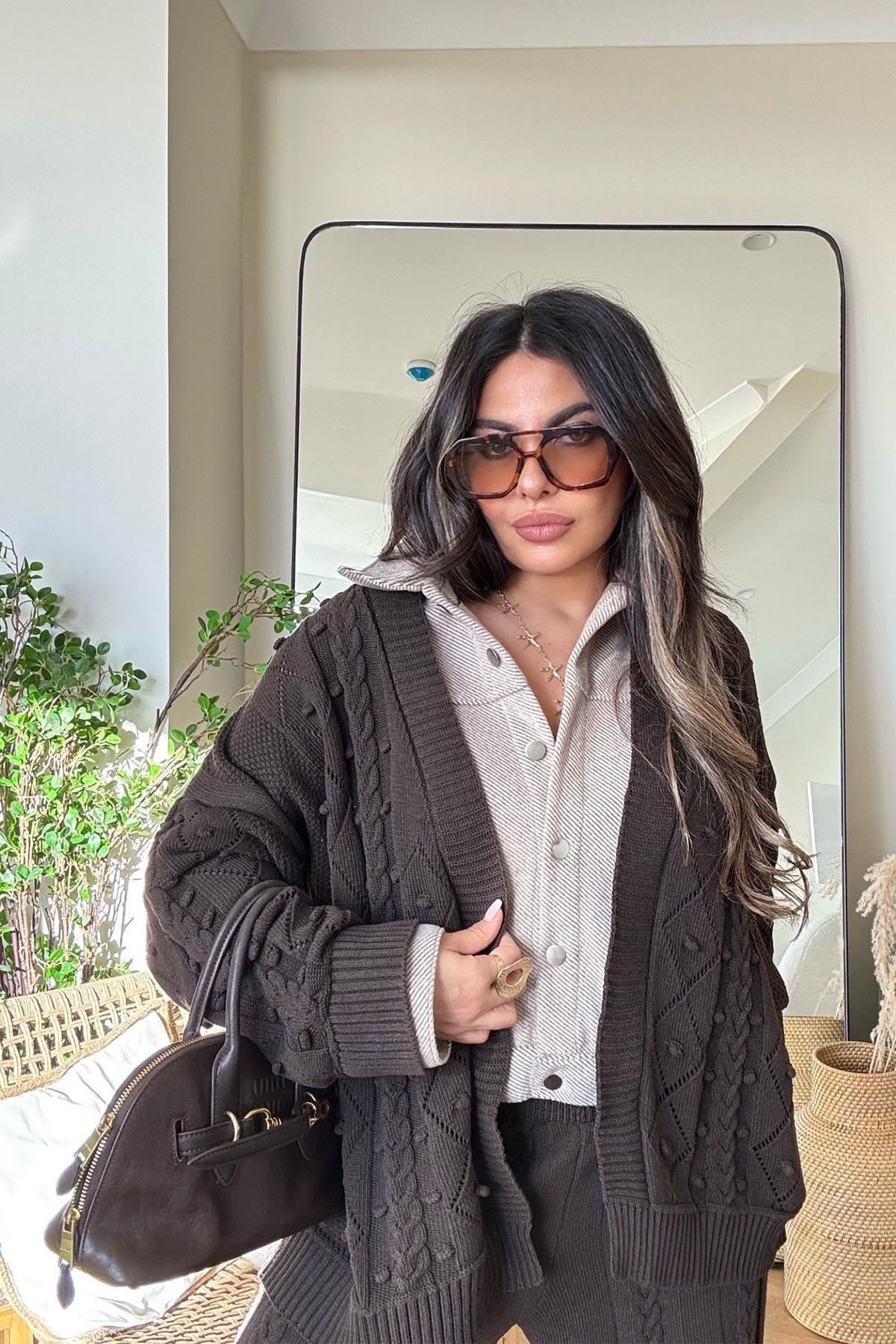 Kaşe Gömlek Garnili Triko Takım Acı Kahve