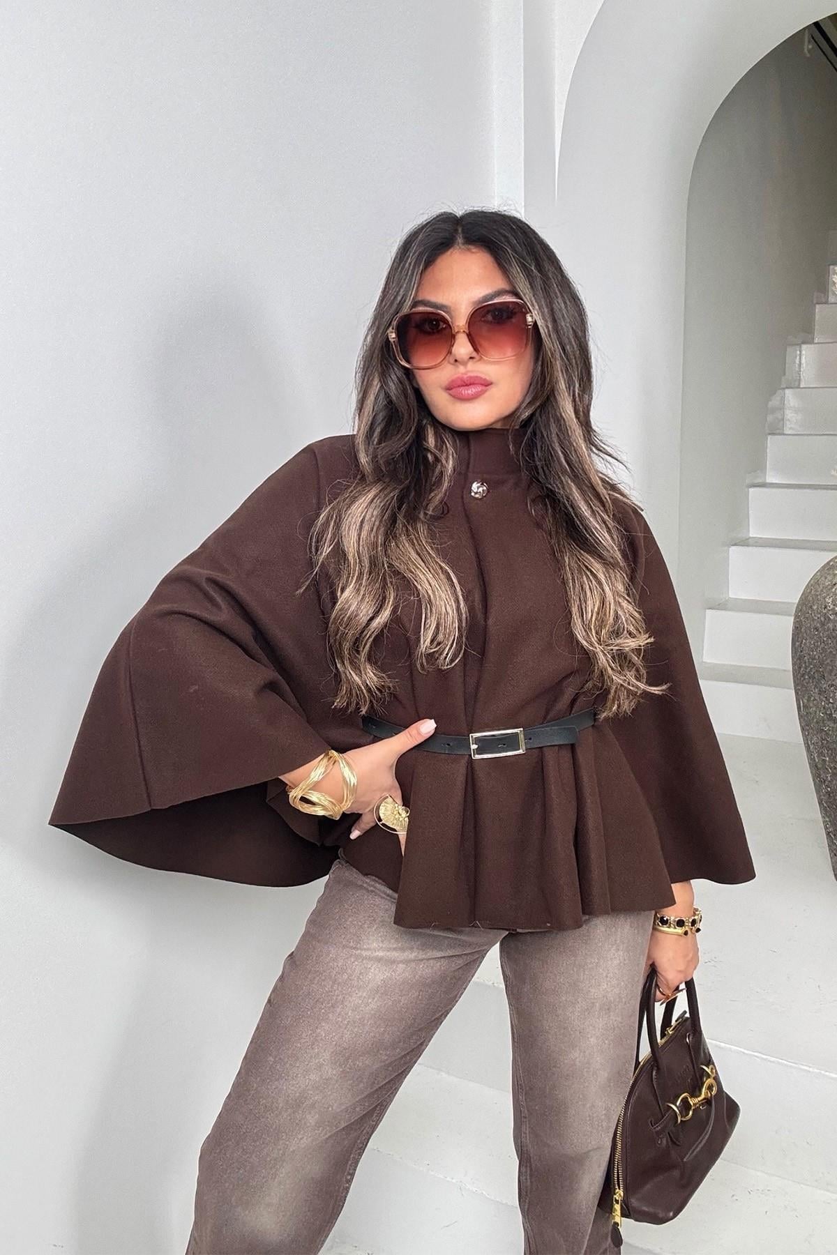 Kaşe Kumaş Kemerli Panço Acı Kahve