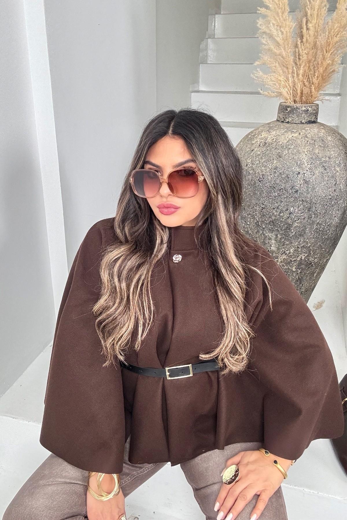 Kaşe Kumaş Kemerli Panço Acı Kahve