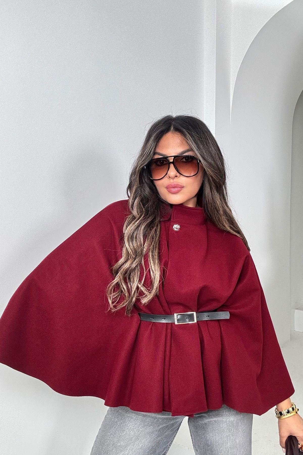 Kaşe Kumaş Kemerli Panço Bordo