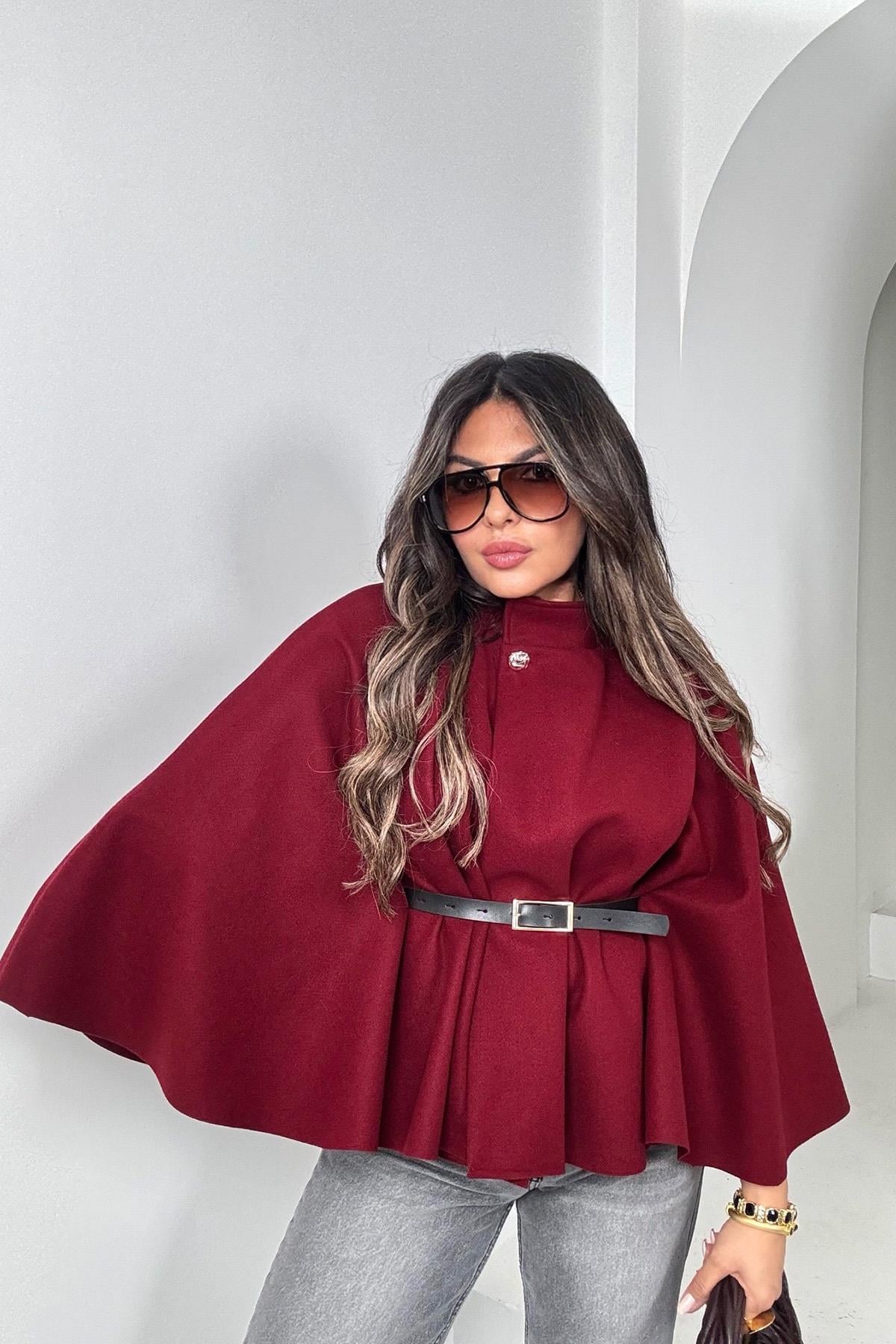 Kaşe Kumaş Kemerli Panço Bordo