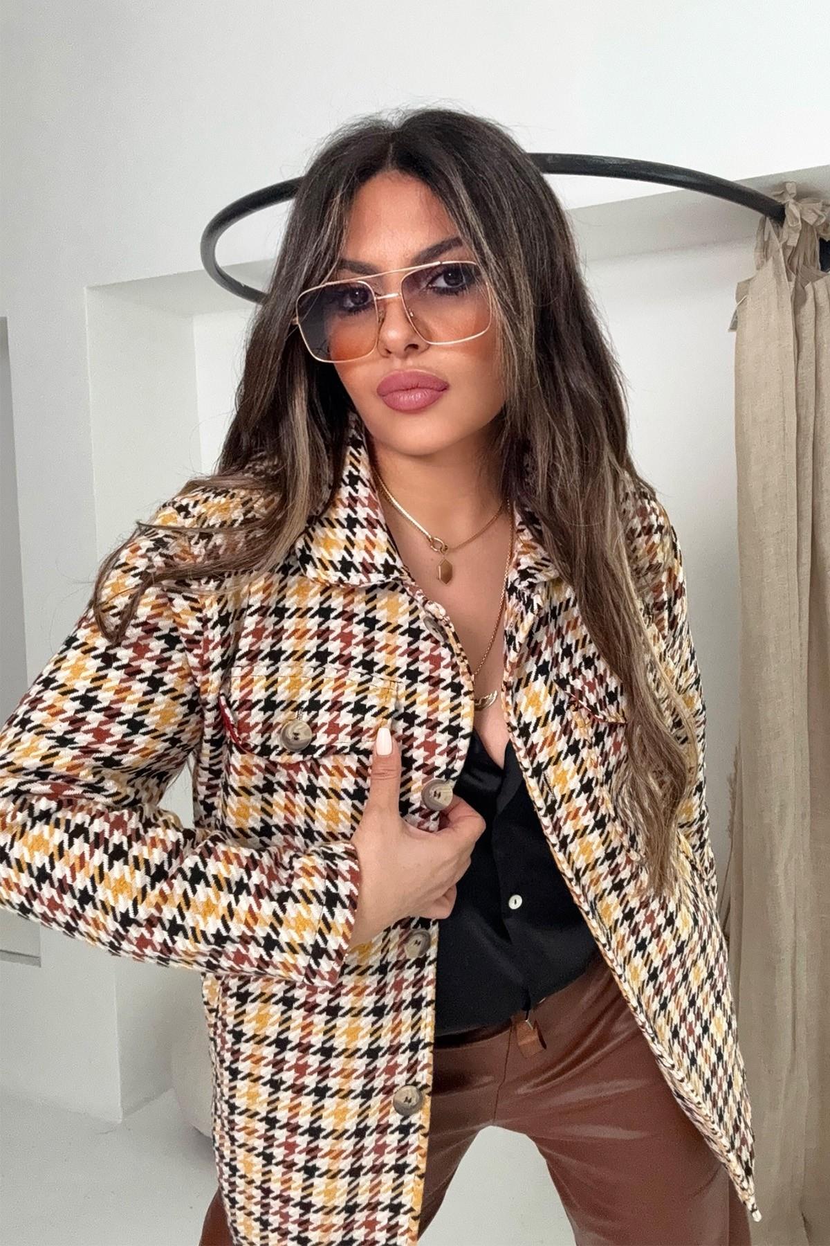 Kazayağı Desen Kaşe Gömlek Ceket Taba-Ekru