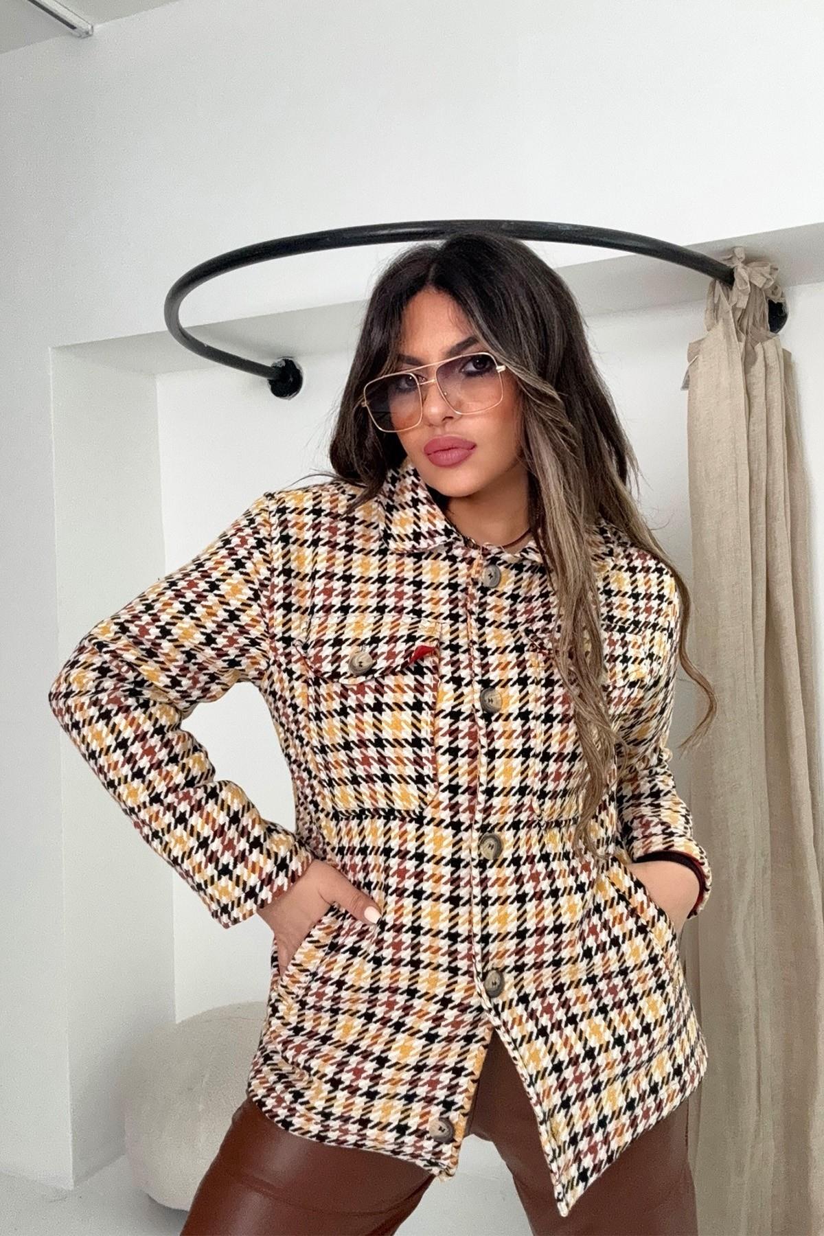 Kazayağı Desen Kaşe Gömlek Ceket Taba-Ekru