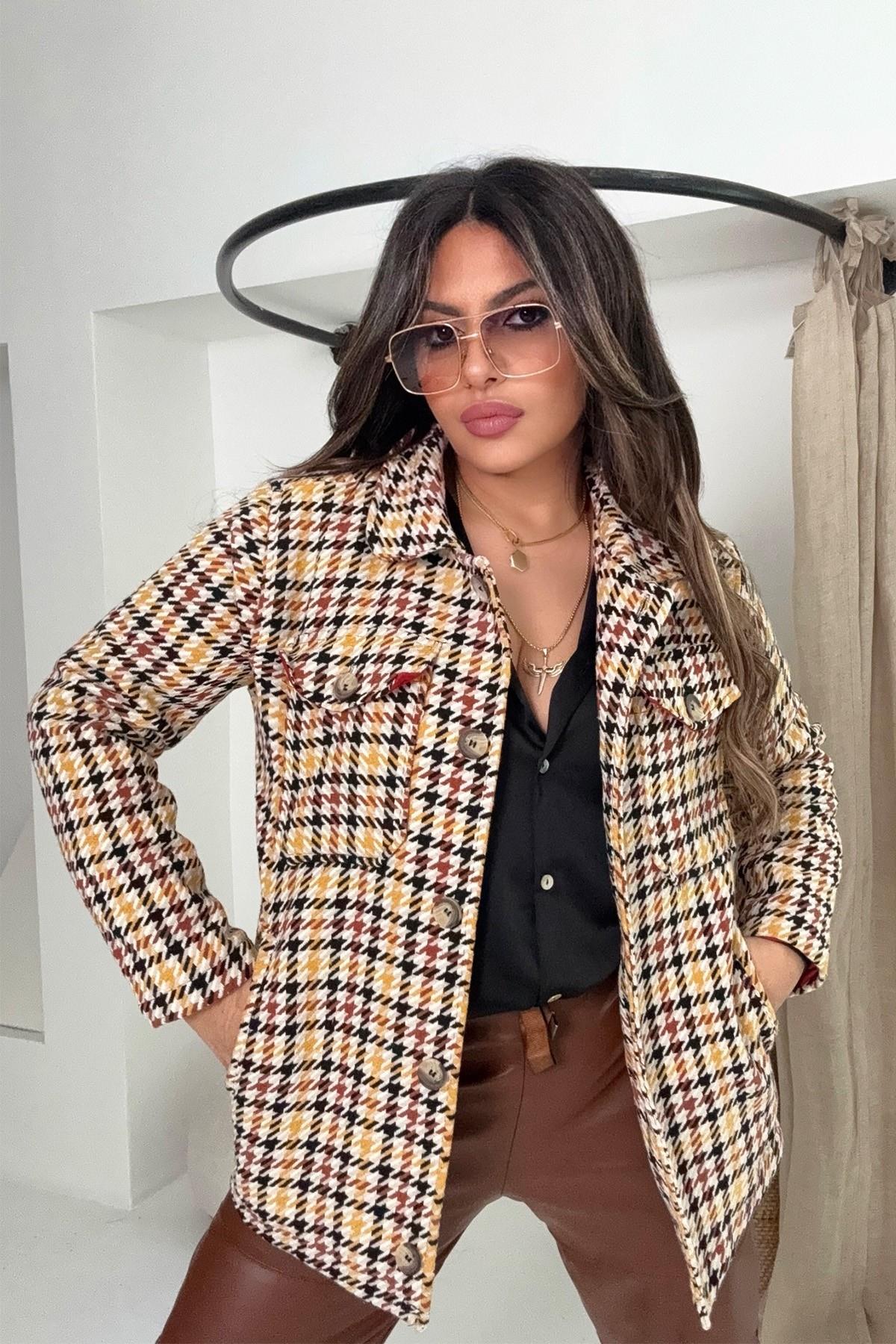 Kazayağı Desen Kaşe Gömlek Ceket Taba-Ekru