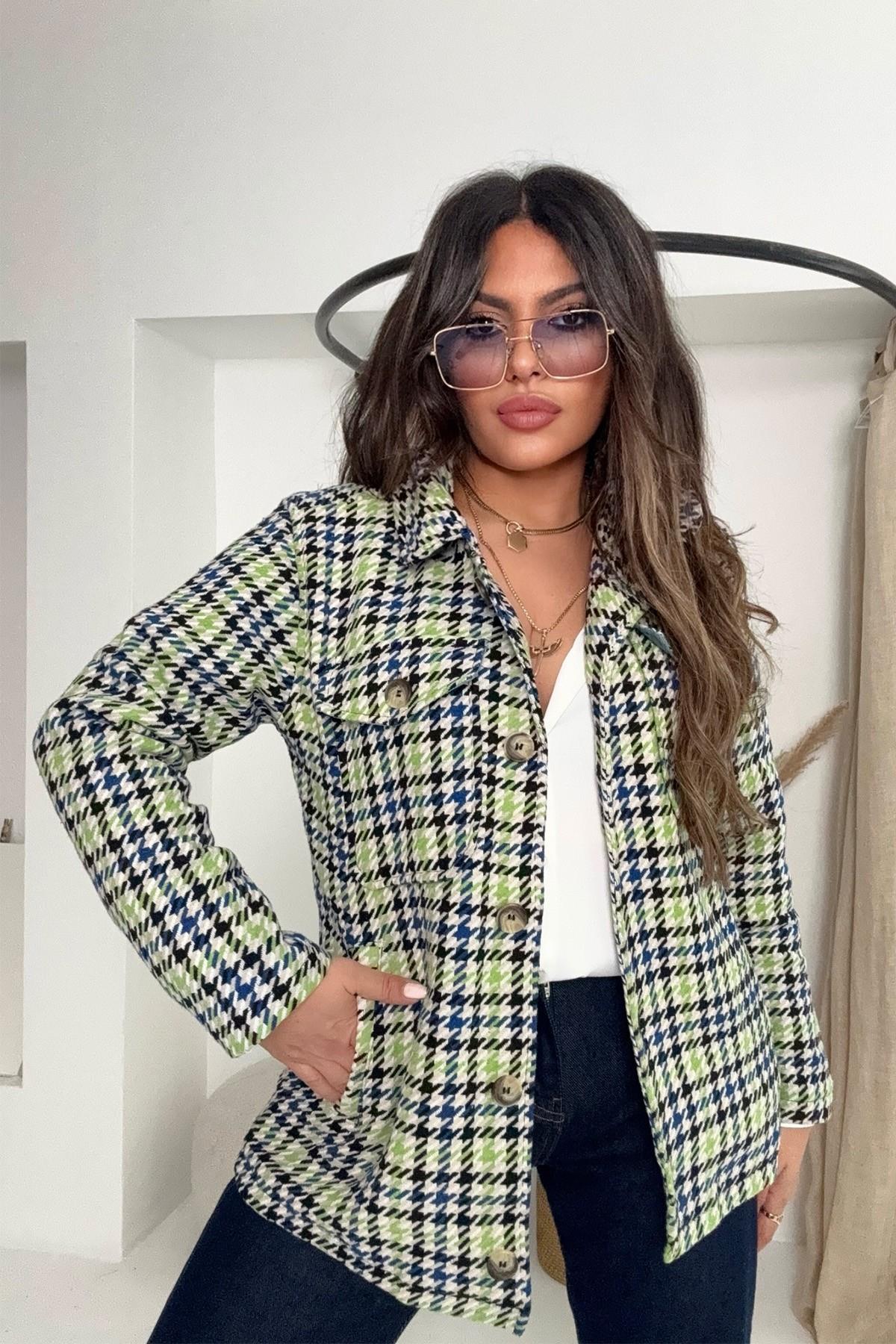 Kazayağı Desen Kaşe Gömlek Ceket Yeşil-Ekru