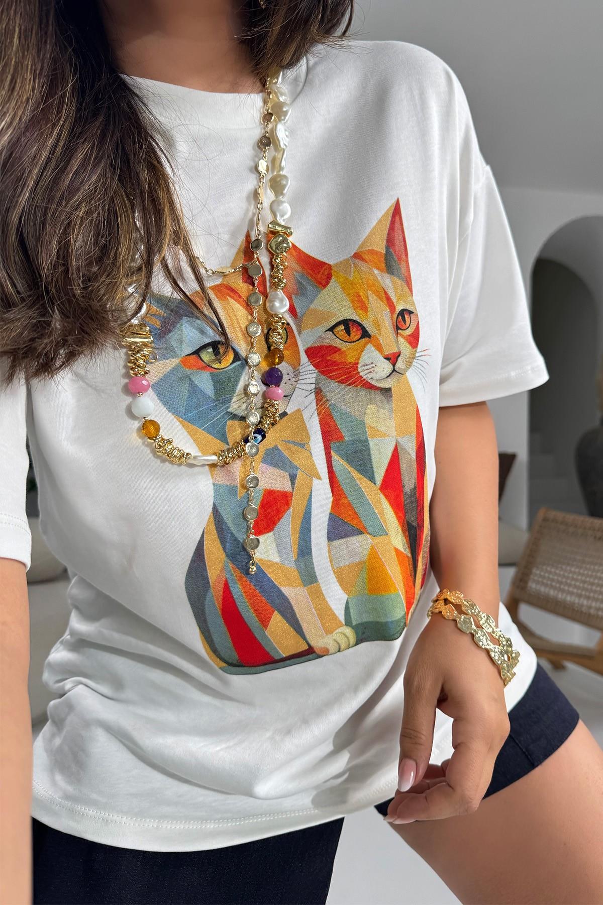 Kedi Baskılı Tshirt Ekru