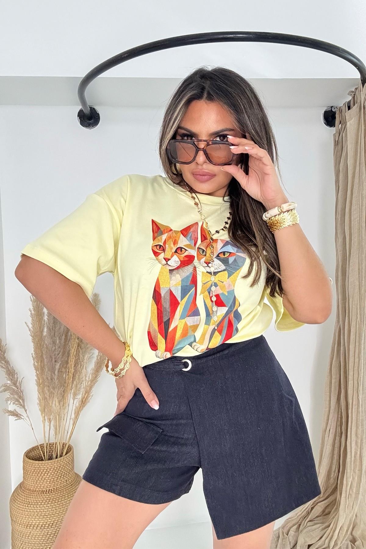 Kedi Baskılı Tshirt Sarı