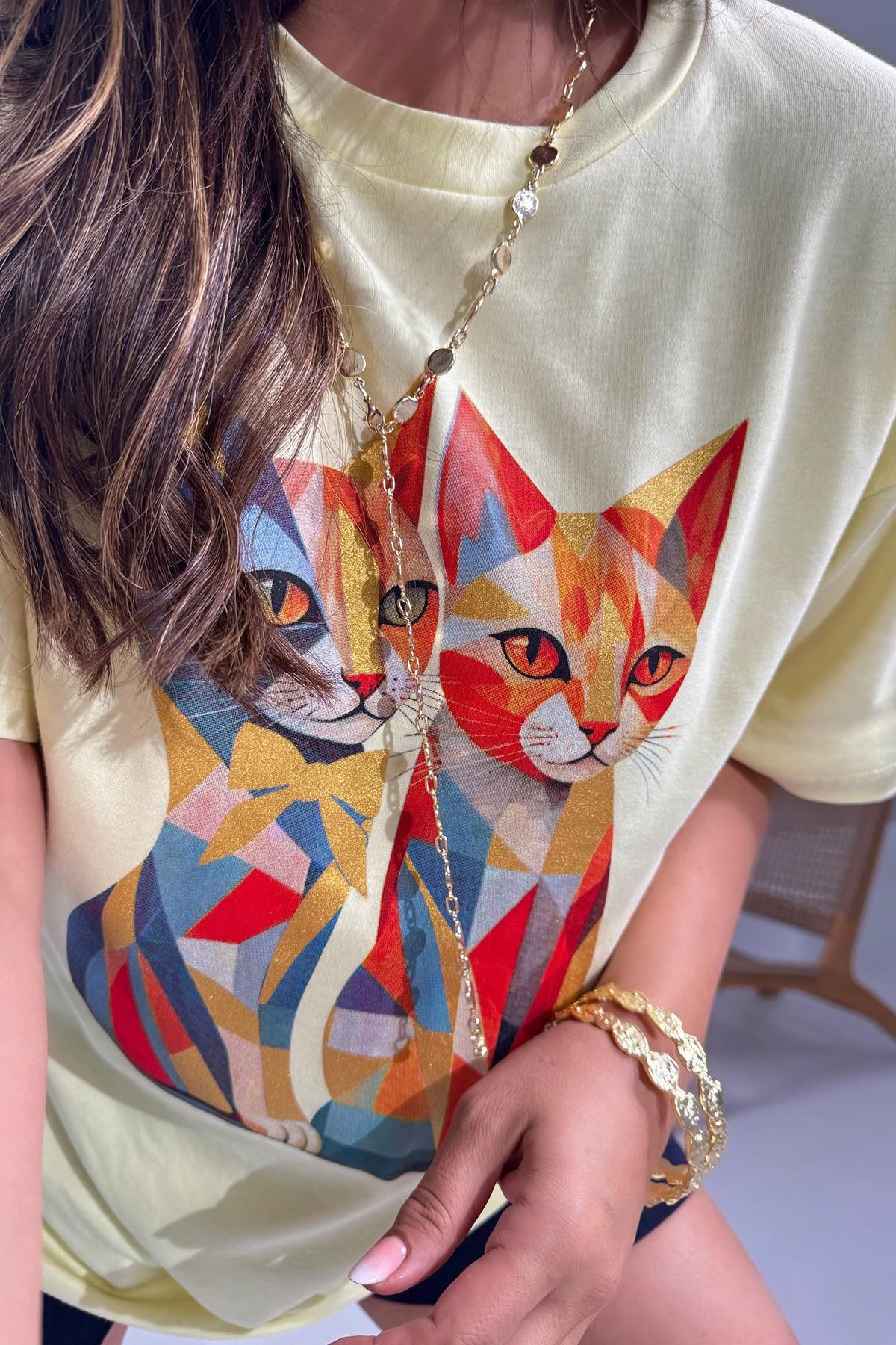 Kedi Baskılı Tshirt Sarı
