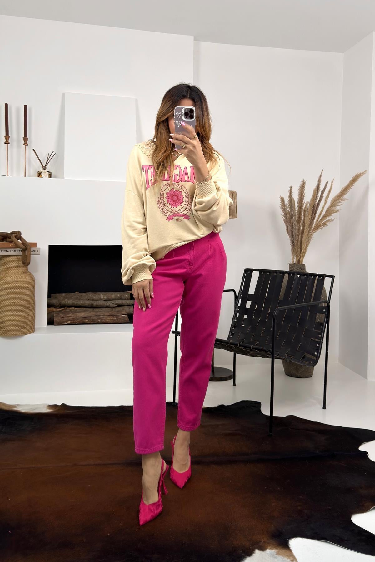 Kemerli Havuç Jean Pembe