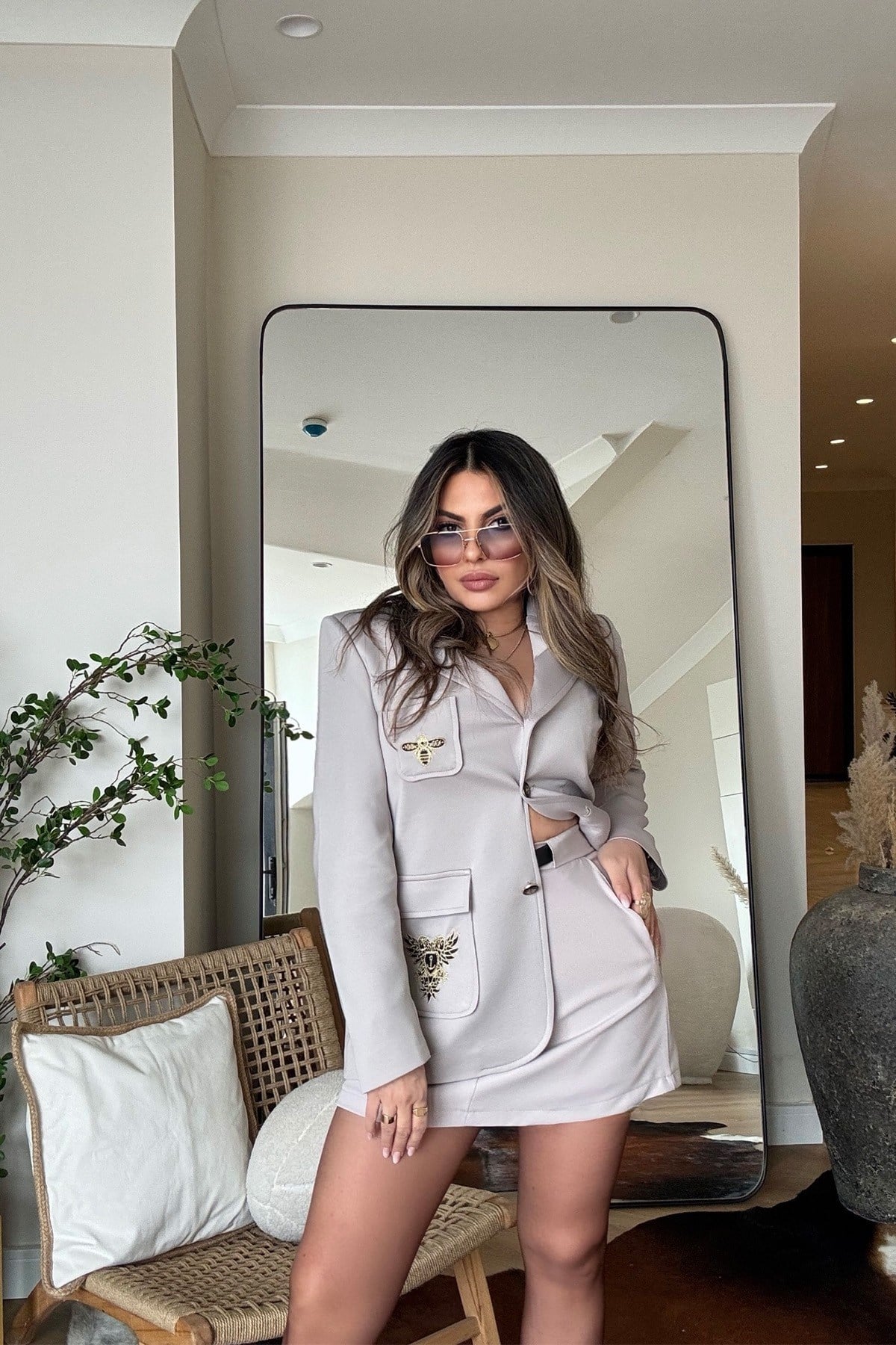 Kemerli Şort Etek Açık Gri