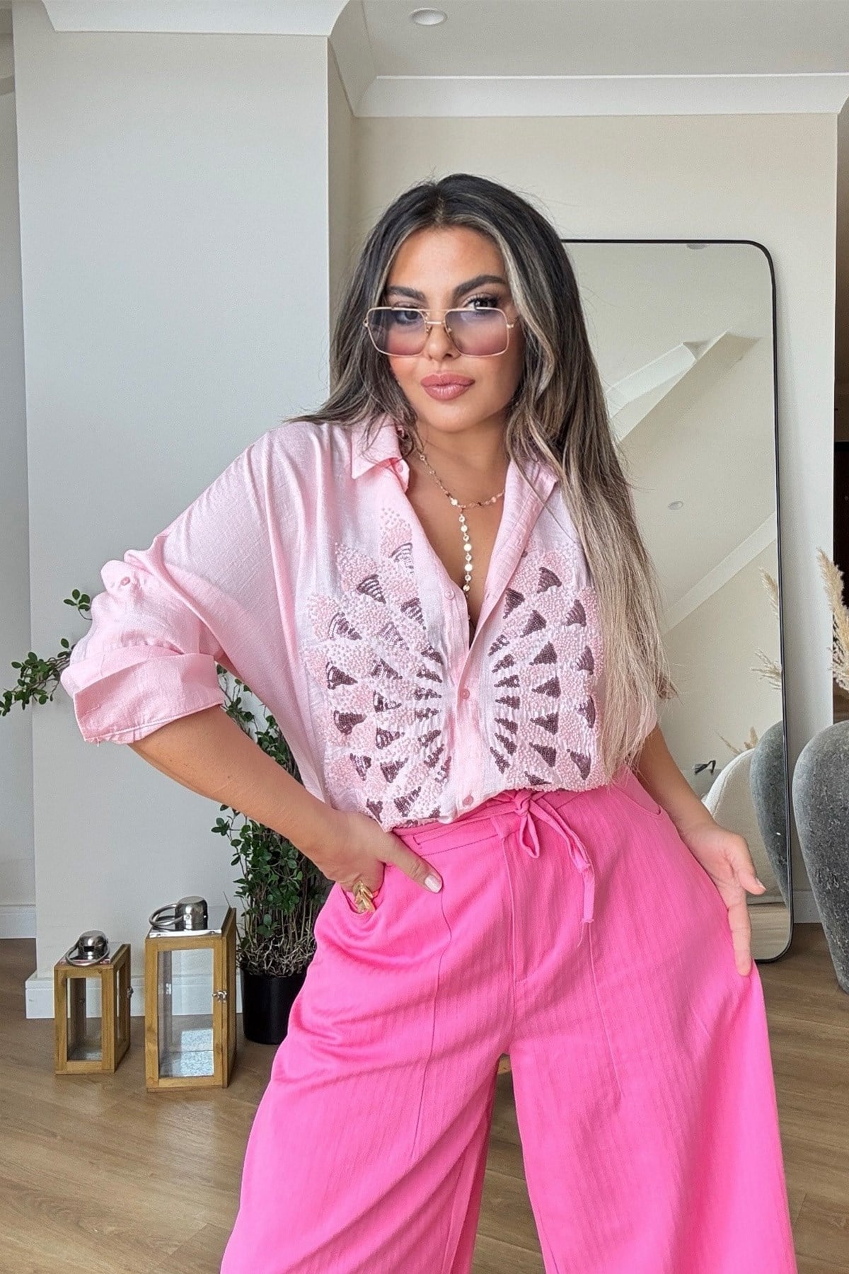 Keten Doku Boncuklu  Tavuskuşu Gömlek Pembe