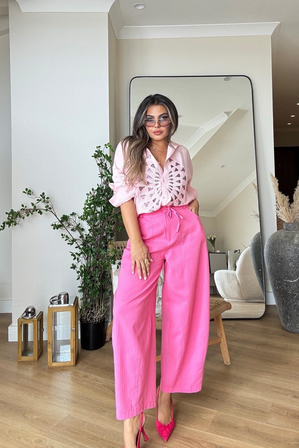 Keten Doku Boncuklu  Tavuskuşu Gömlek Pembe